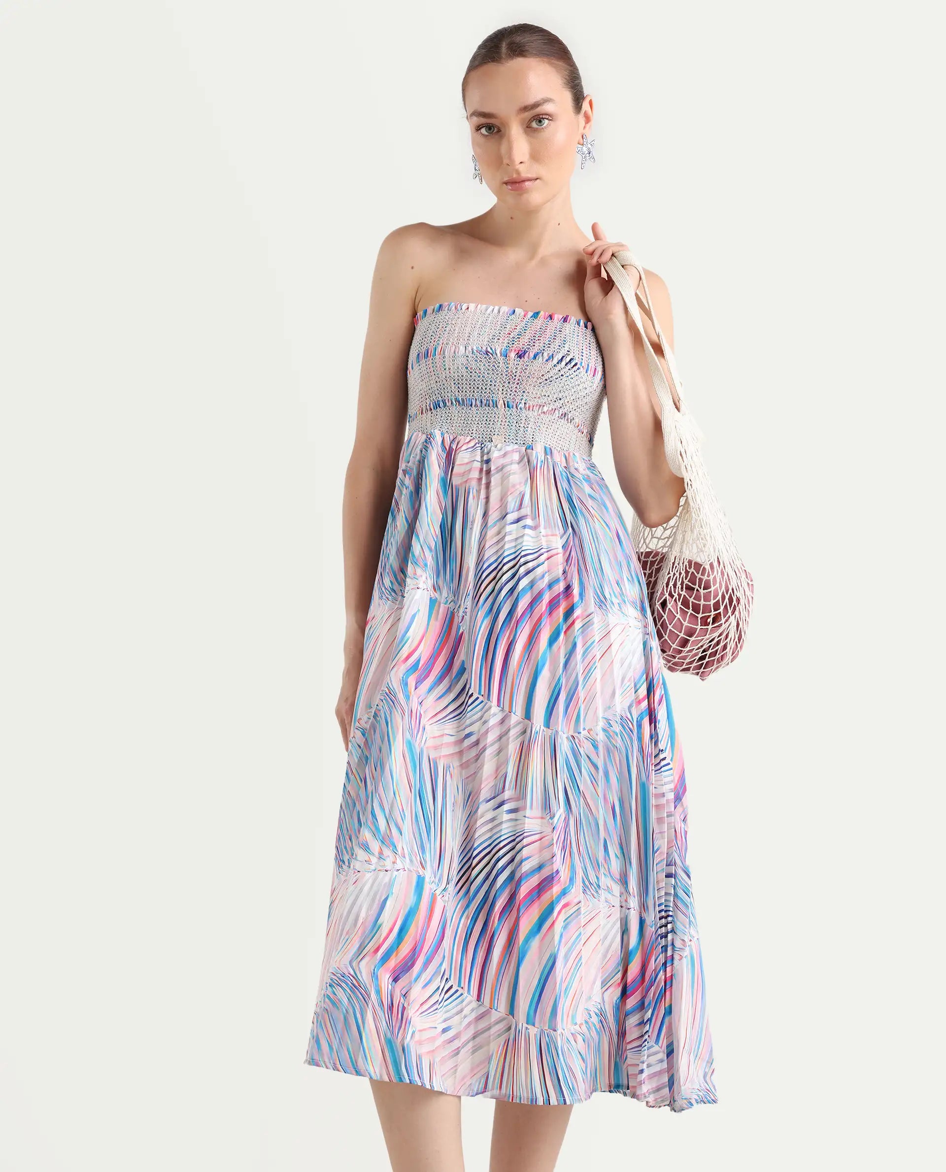 Rareism Women's Shanks Multi Polyester Blend Shoulder Strap Abstract Print Sleeveless Midi Fit And Flare Dress