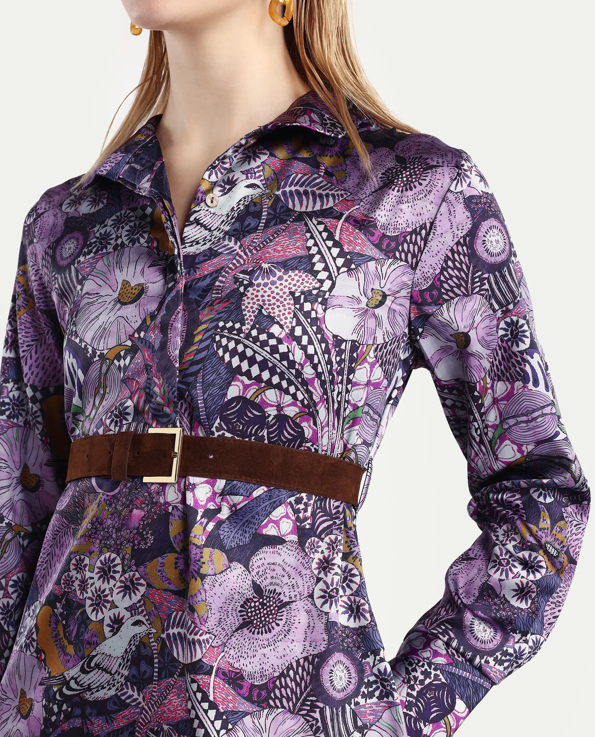 Rareism Women's Shapat Multi Satin High Neck Abstract Print Midi A-Line Dress