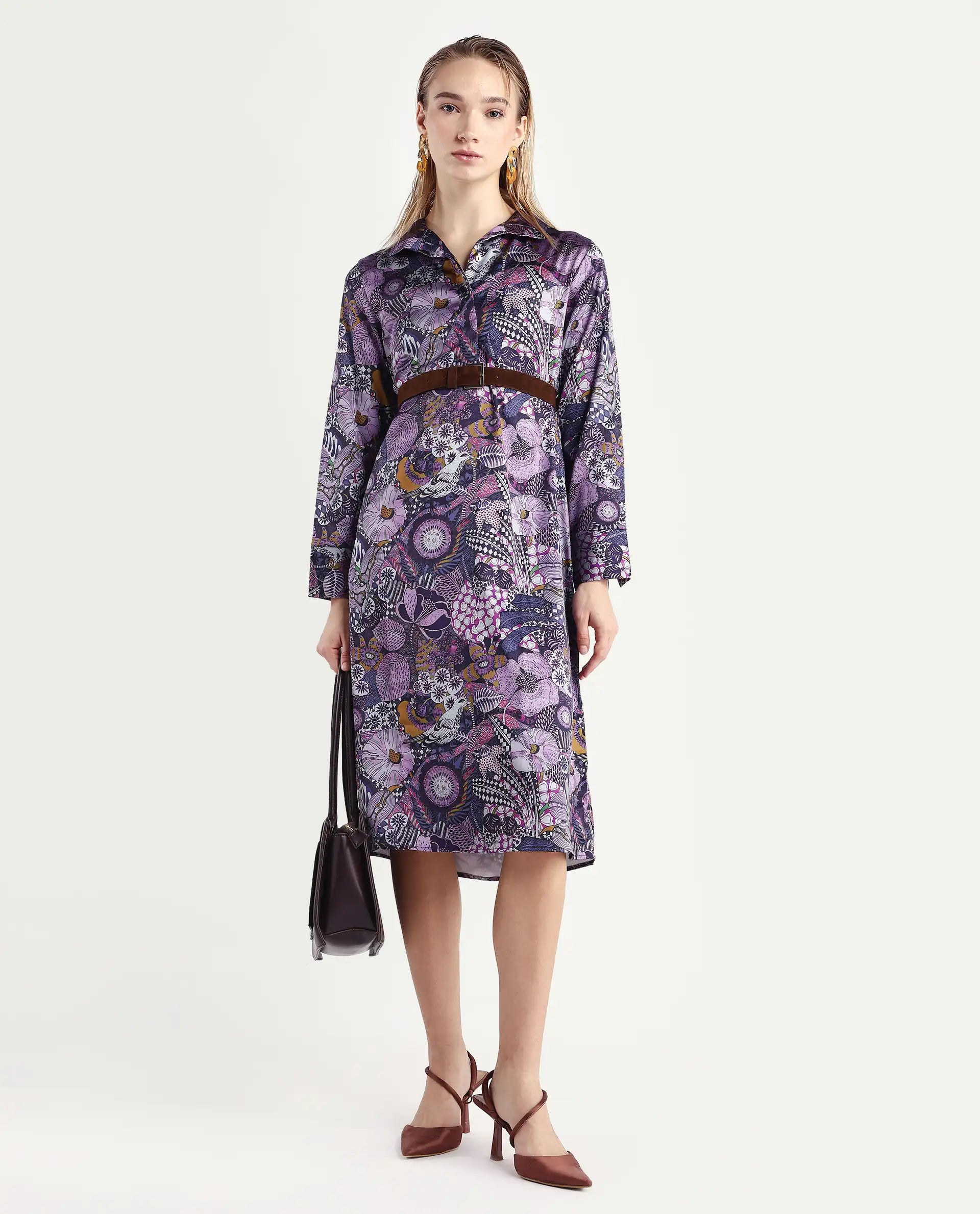 Rareism Women's Shapat Multi Satin High Neck Abstract Print Midi A-Line Dress