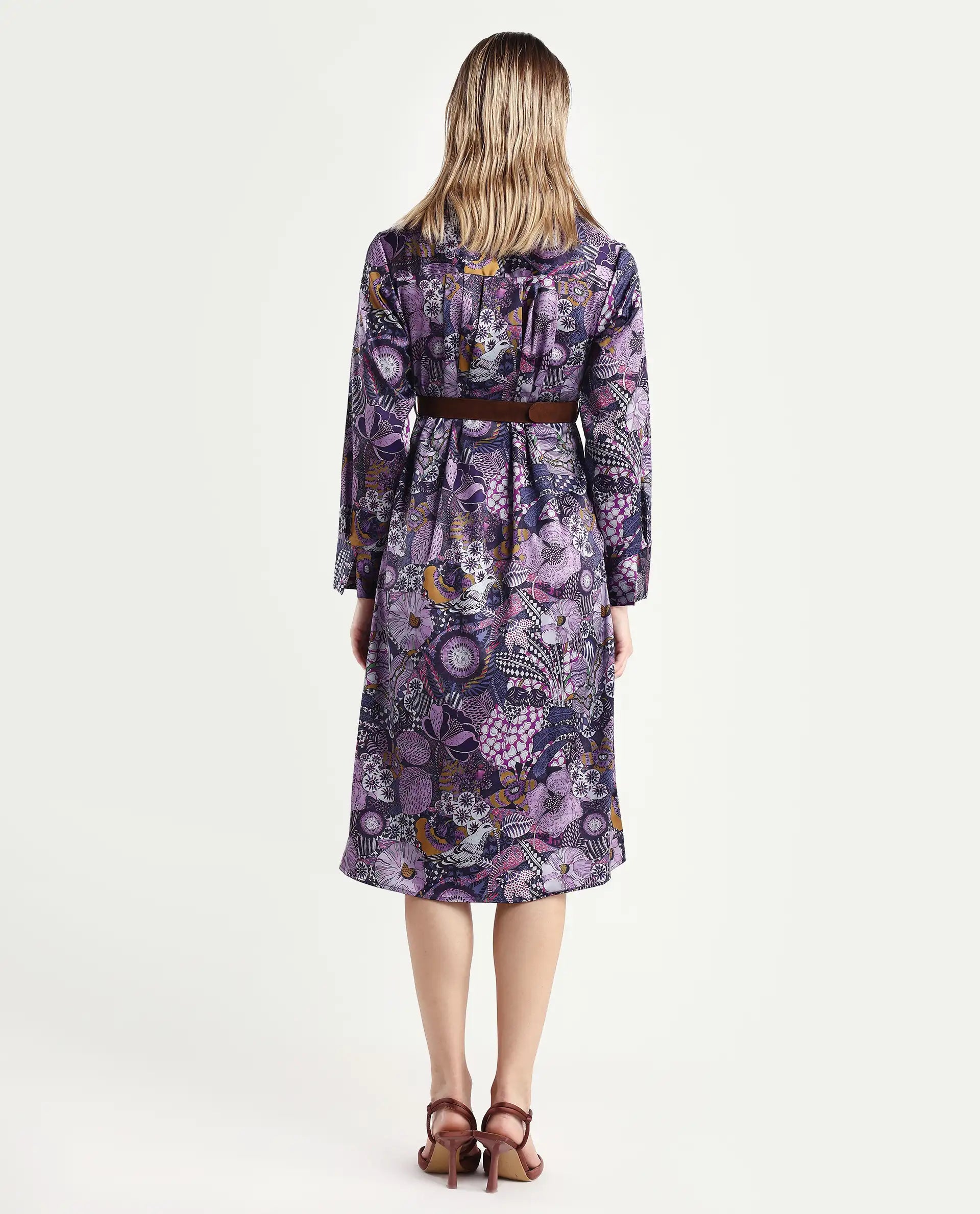 Rareism Women's Shapat Multi Satin High Neck Abstract Print Midi A-Line Dress