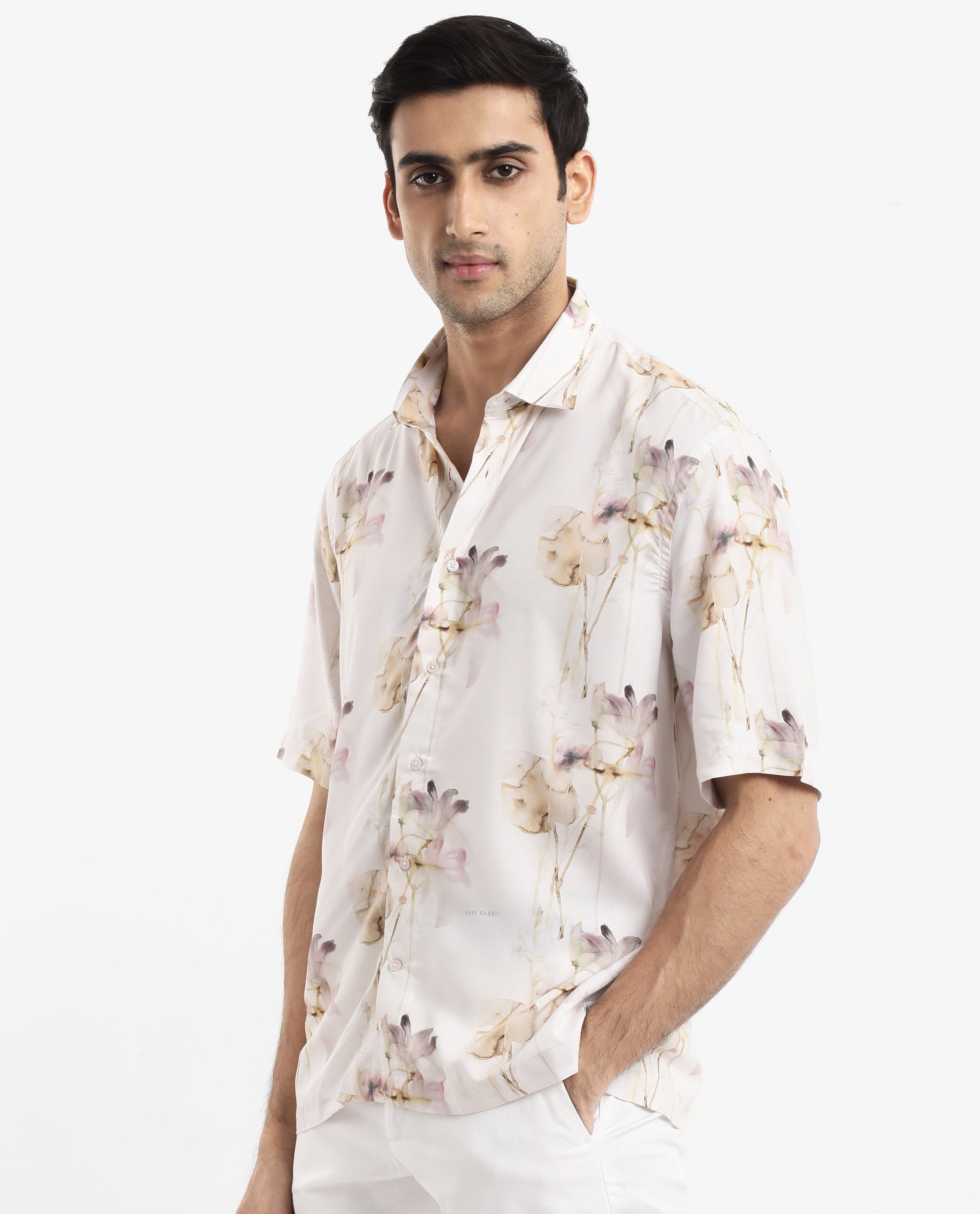 Rare Rabbit Men's Shaula Beige Viscose Fabric Short Sleeve Boxy Fit Floral Print Shirt