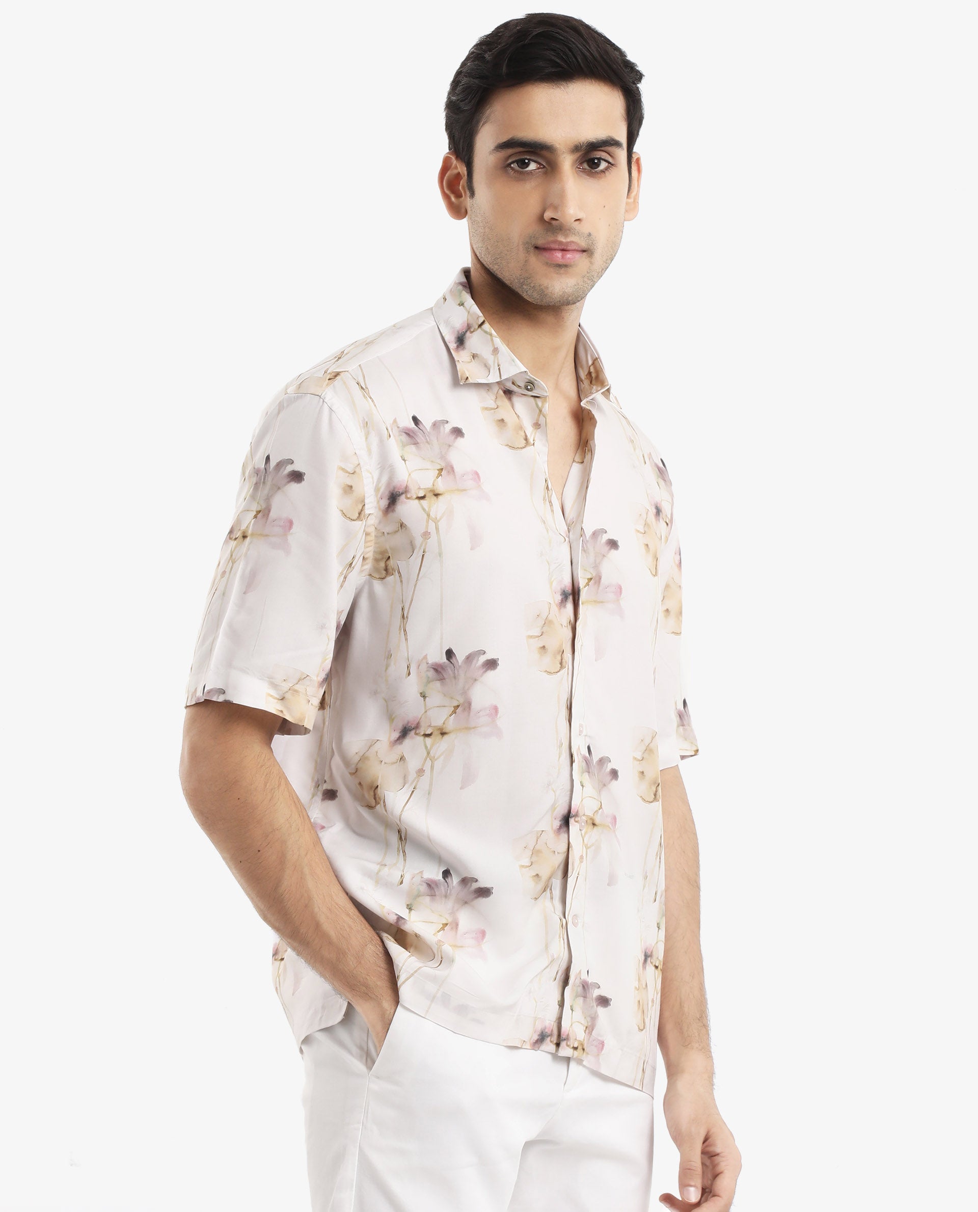 Rare Rabbit Men's Shaula Beige Viscose Fabric Short Sleeve Boxy Fit Floral Print Shirt