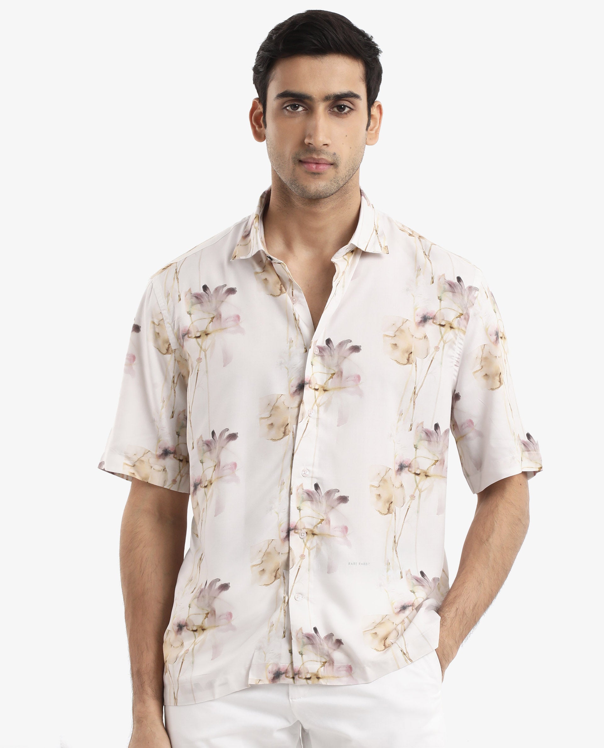 Rare Rabbit Men's Shaula Beige Viscose Fabric Short Sleeve Boxy Fit Floral Print Shirt
