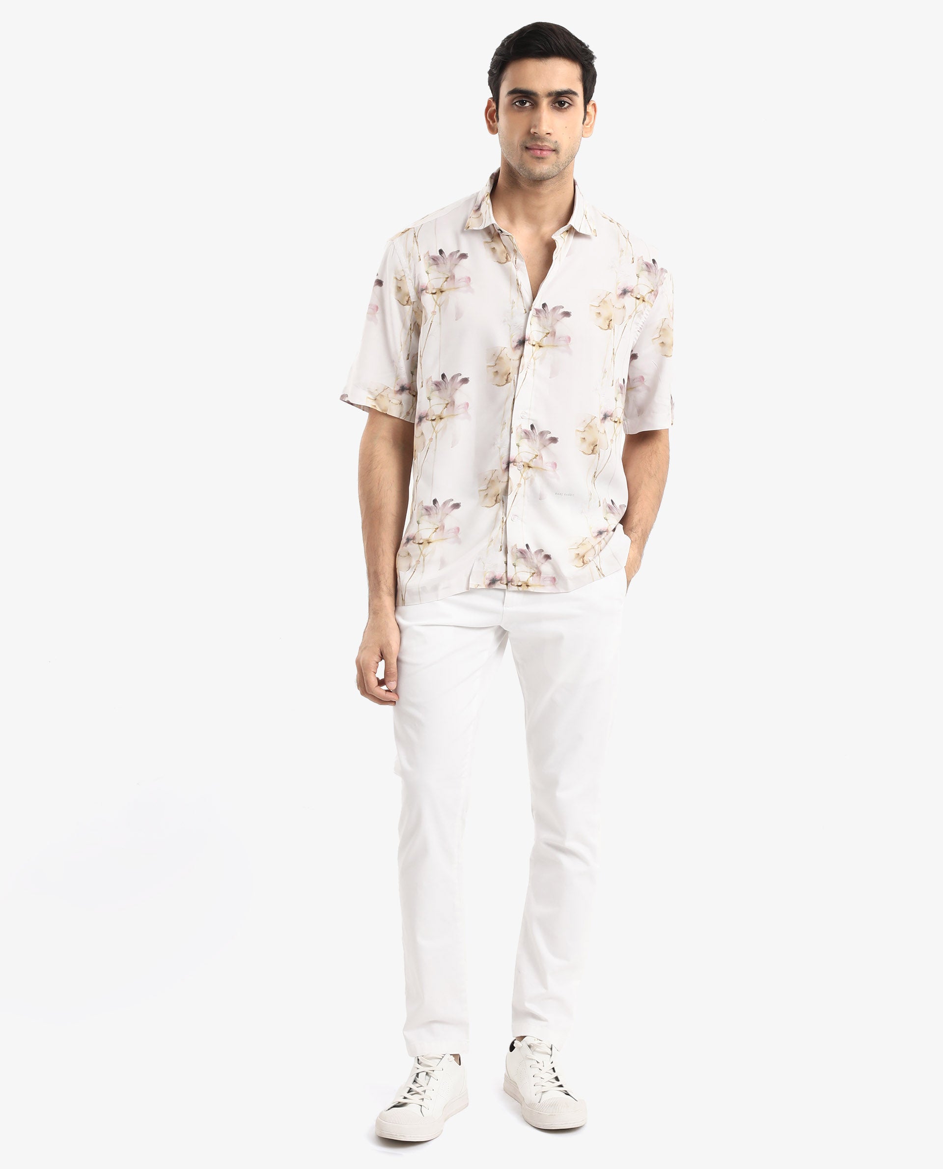 Rare Rabbit Men's Shaula Beige Viscose Fabric Short Sleeve Boxy Fit Floral Print Shirt