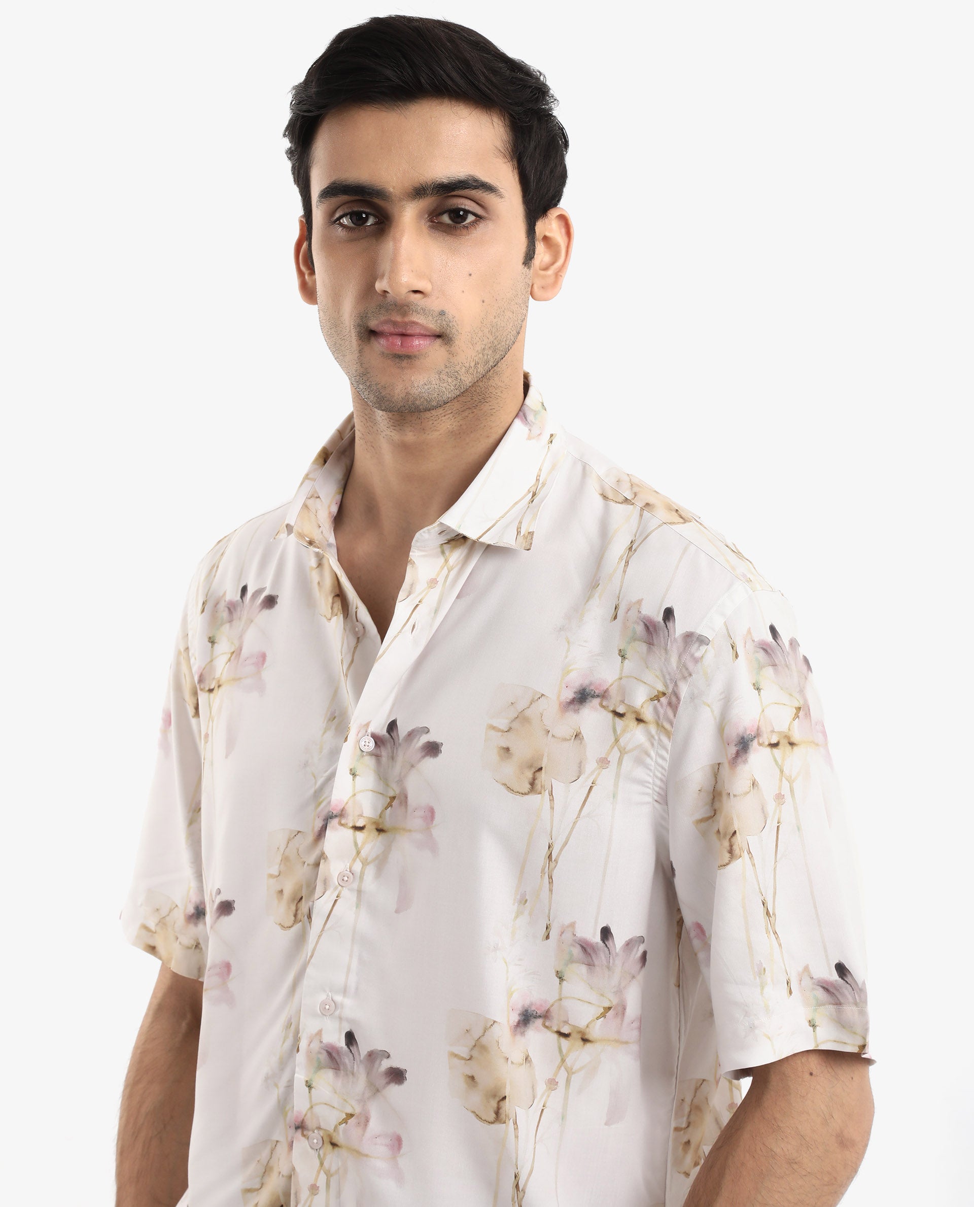 Rare Rabbit Men's Shaula Beige Viscose Fabric Short Sleeve Boxy Fit Floral Print Shirt