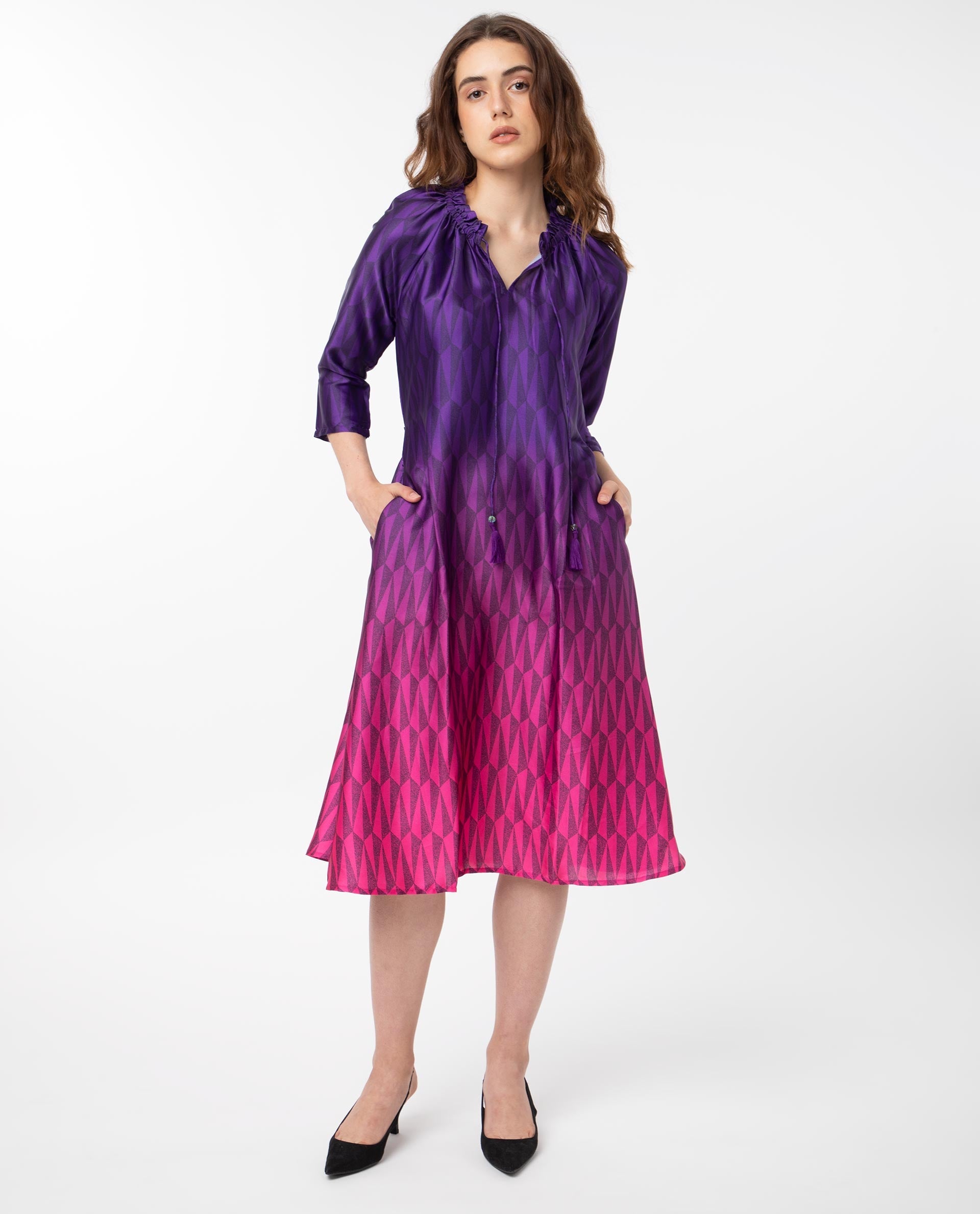 Rareism Women Shaw Pink Polyester Fabric 3/4Th Sleeves Drawstring Closure Tie-Up Neck Regular Fit Ombre Knee Length Dress