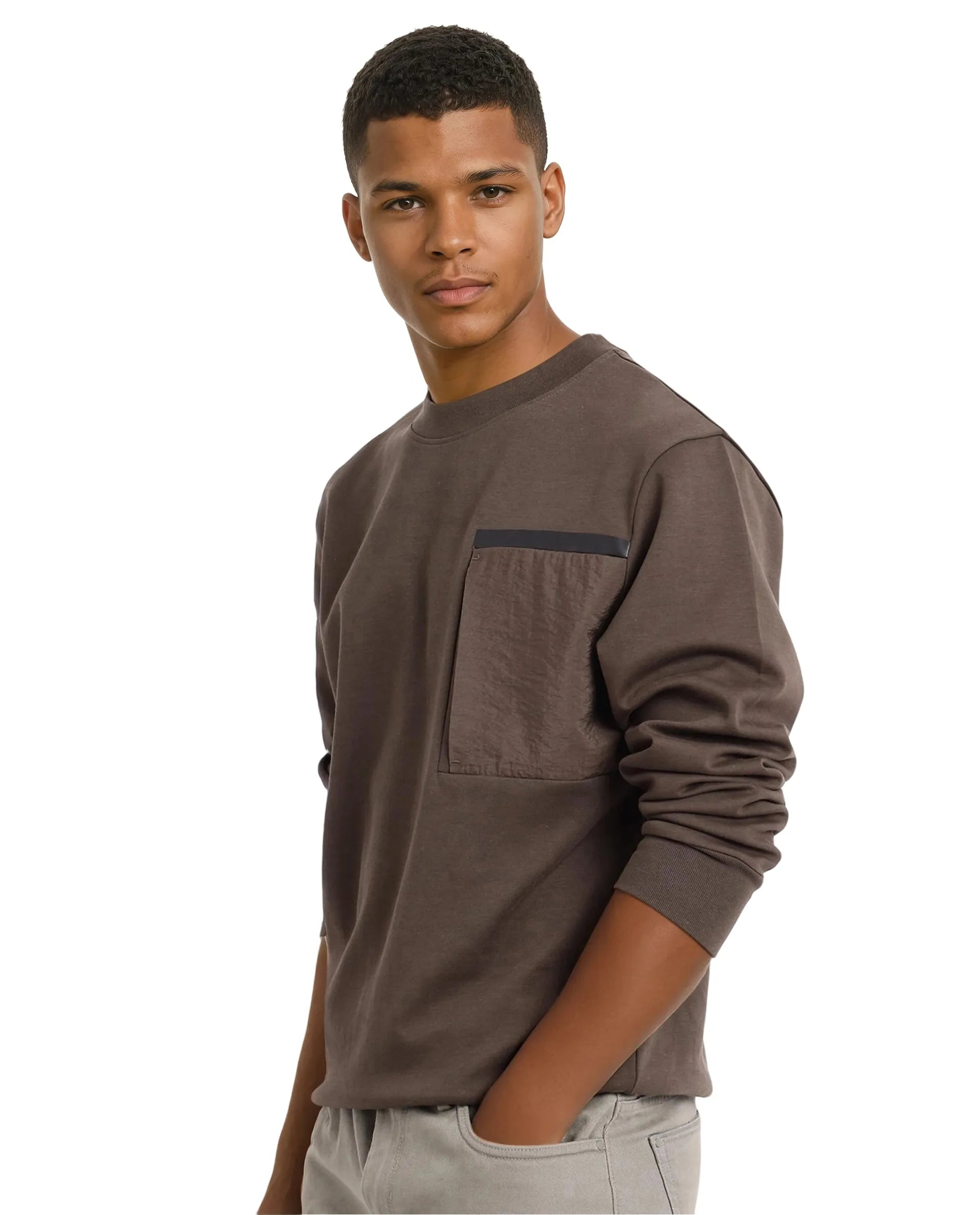 Rare Rabbit Men Shaw Olive Full Sleeve Regular Fit Crew Neck Contrast Pocket Plain Sweatshirt