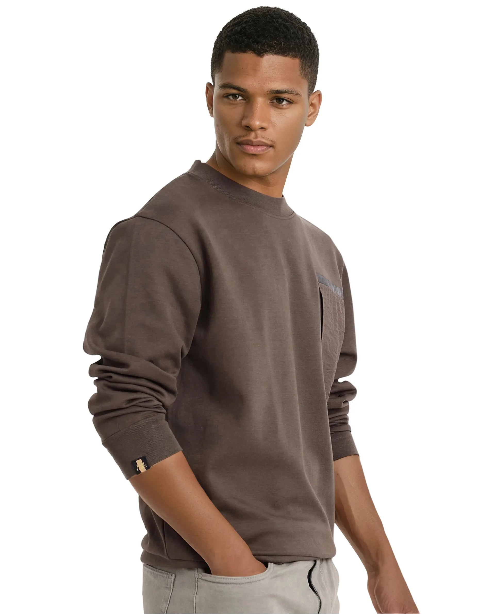 Rare Rabbit Men Shaw Olive Full Sleeve Regular Fit Crew Neck Contrast Pocket Plain Sweatshirt
