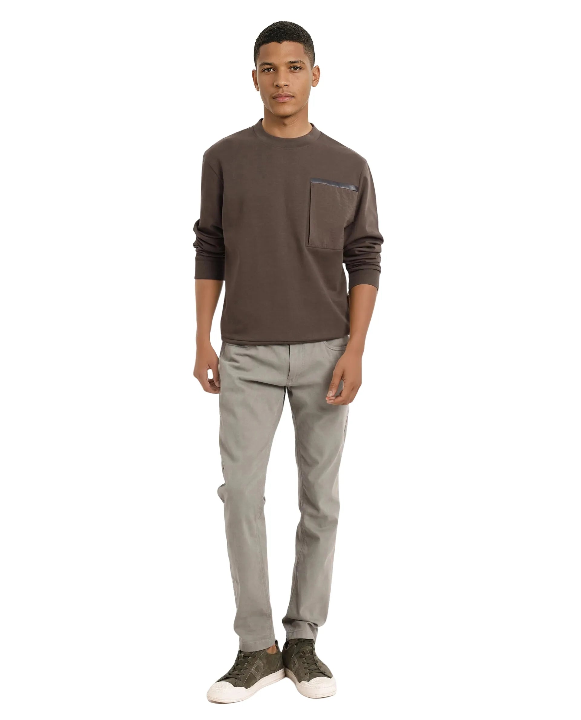 Rare Rabbit Men Shaw Olive Full Sleeve Regular Fit Crew Neck Contrast Pocket Plain Sweatshirt