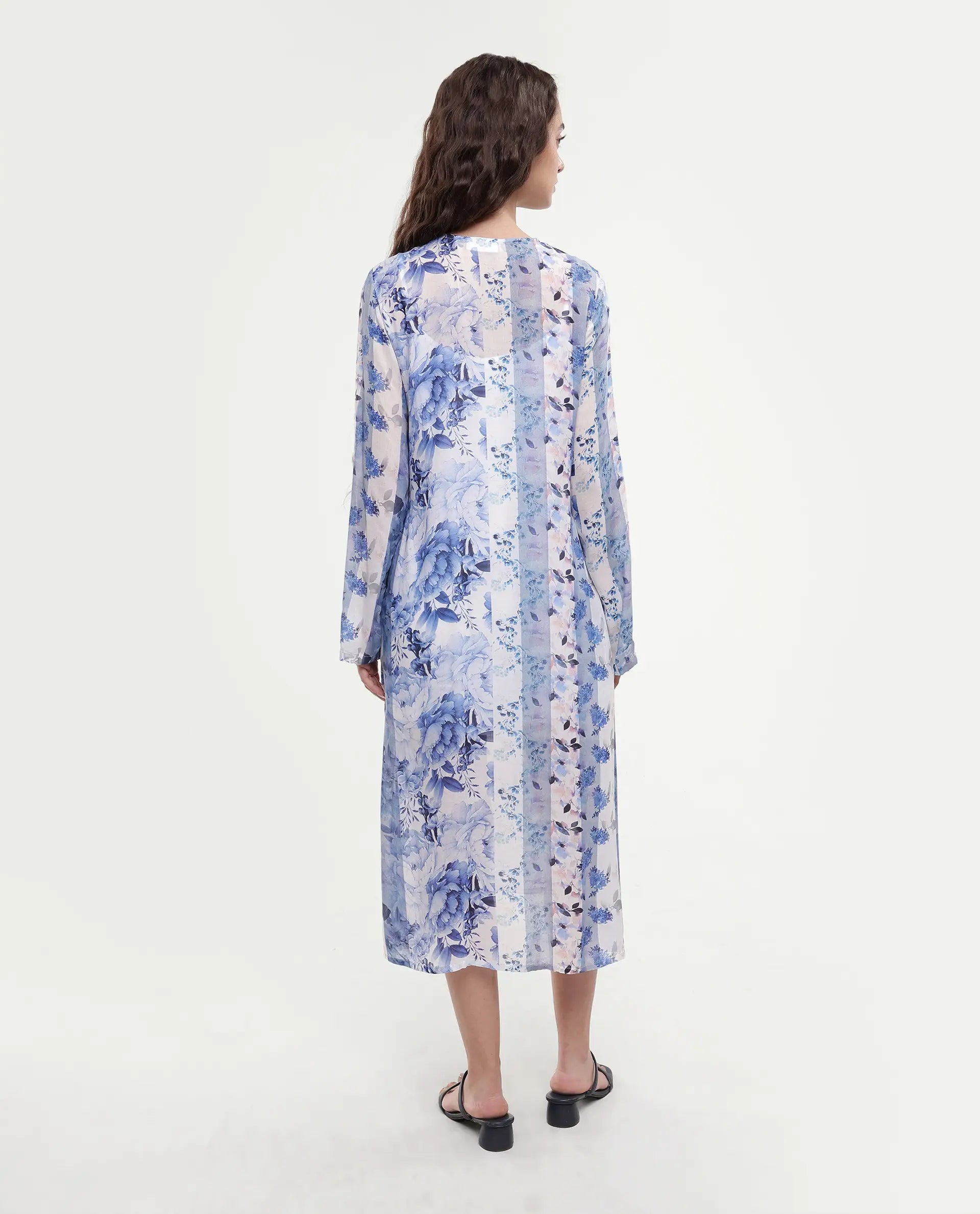 Rareism Women's Shay Blue Modal Tie-Up Neck Floral Print Knee Length Relaxed Fit Shrug