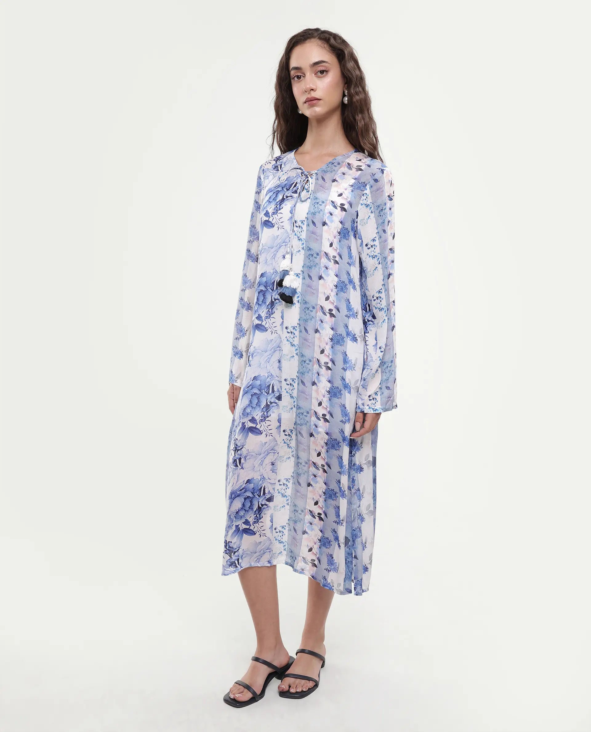 Rareism Women's Shay Blue Modal Tie-Up Neck Floral Print Knee Length Relaxed Fit Shrug