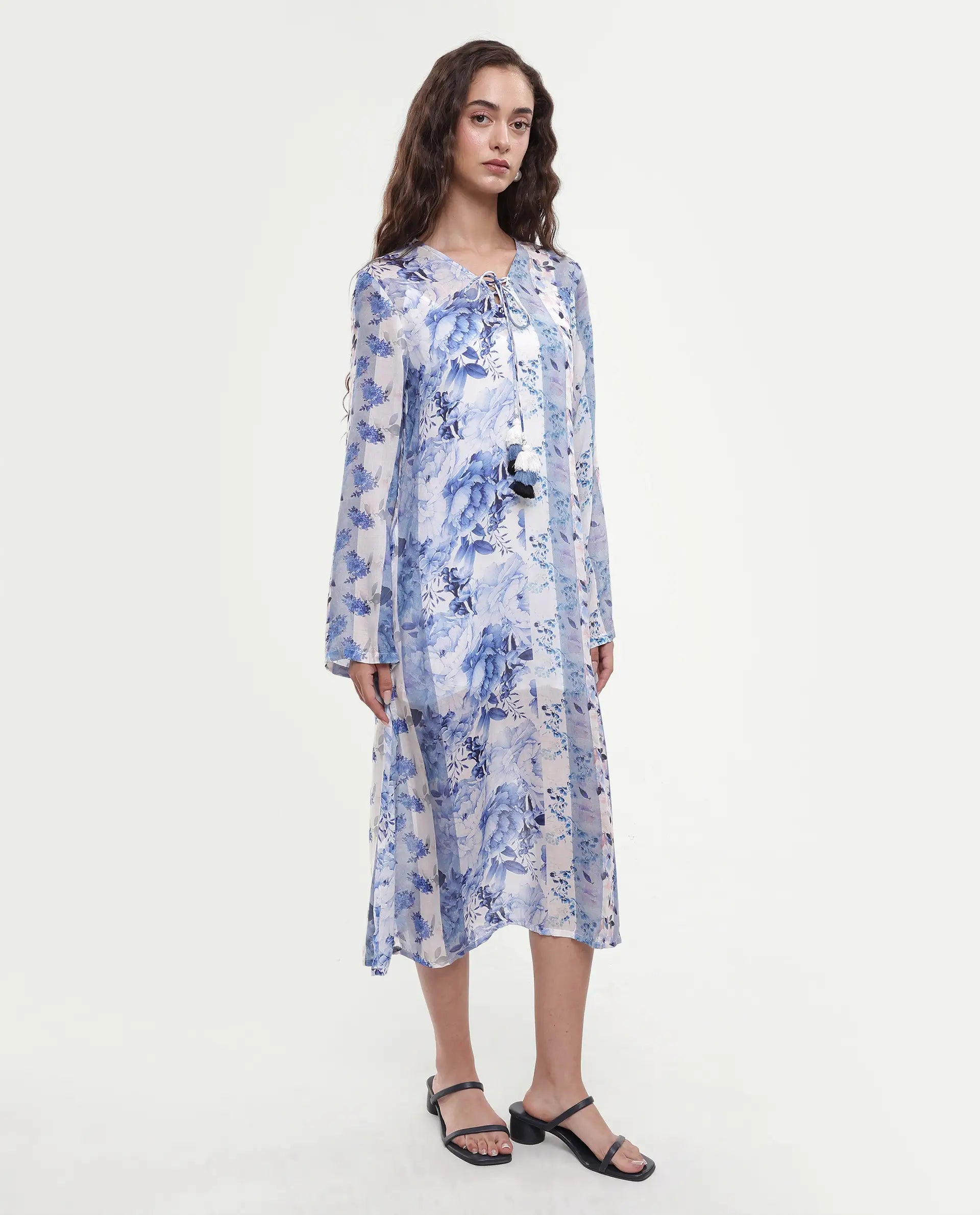 Rareism Women's Shay Blue Modal Tie-Up Neck Floral Print Knee Length Relaxed Fit Shrug