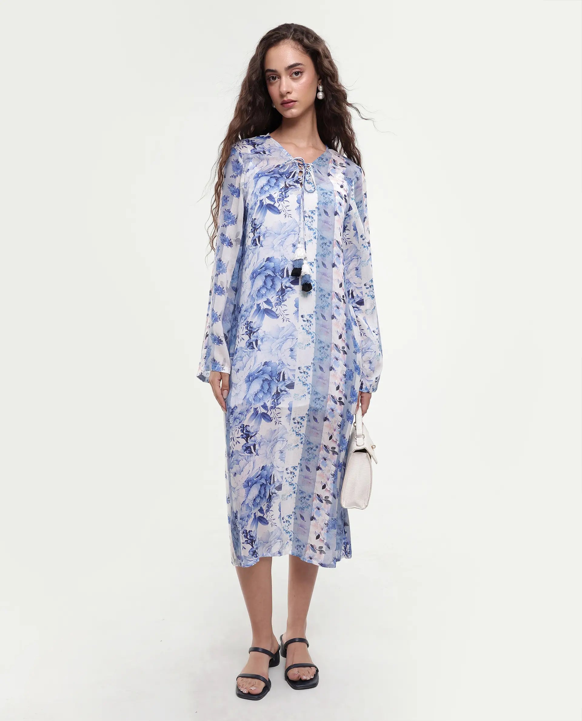 Rareism Women's Shay Blue Modal Tie-Up Neck Floral Print Knee Length Relaxed Fit Shrug