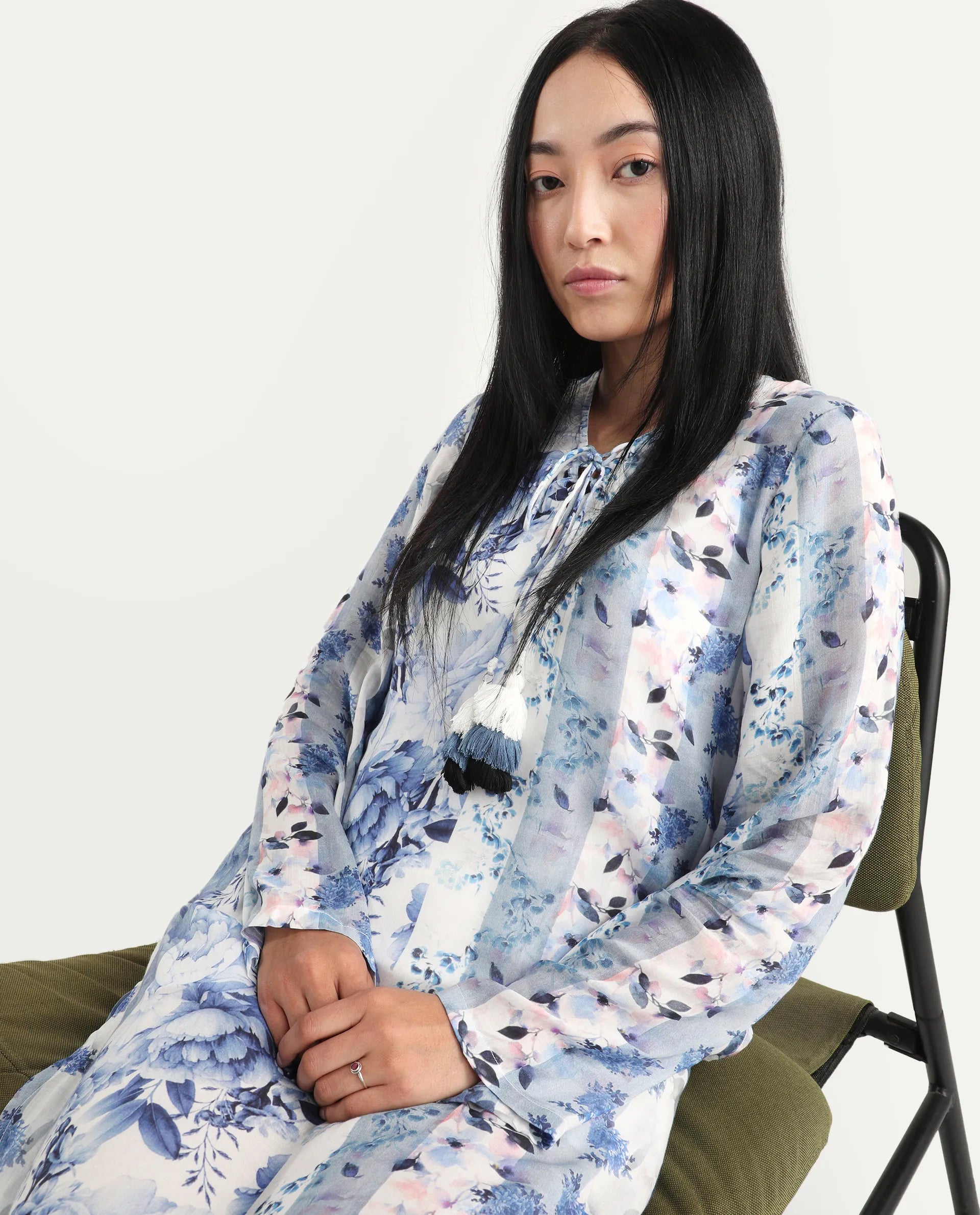 Rareism Women's Shay Blue Modal Tie-Up Neck Floral Print Knee Length Relaxed Fit Shrug