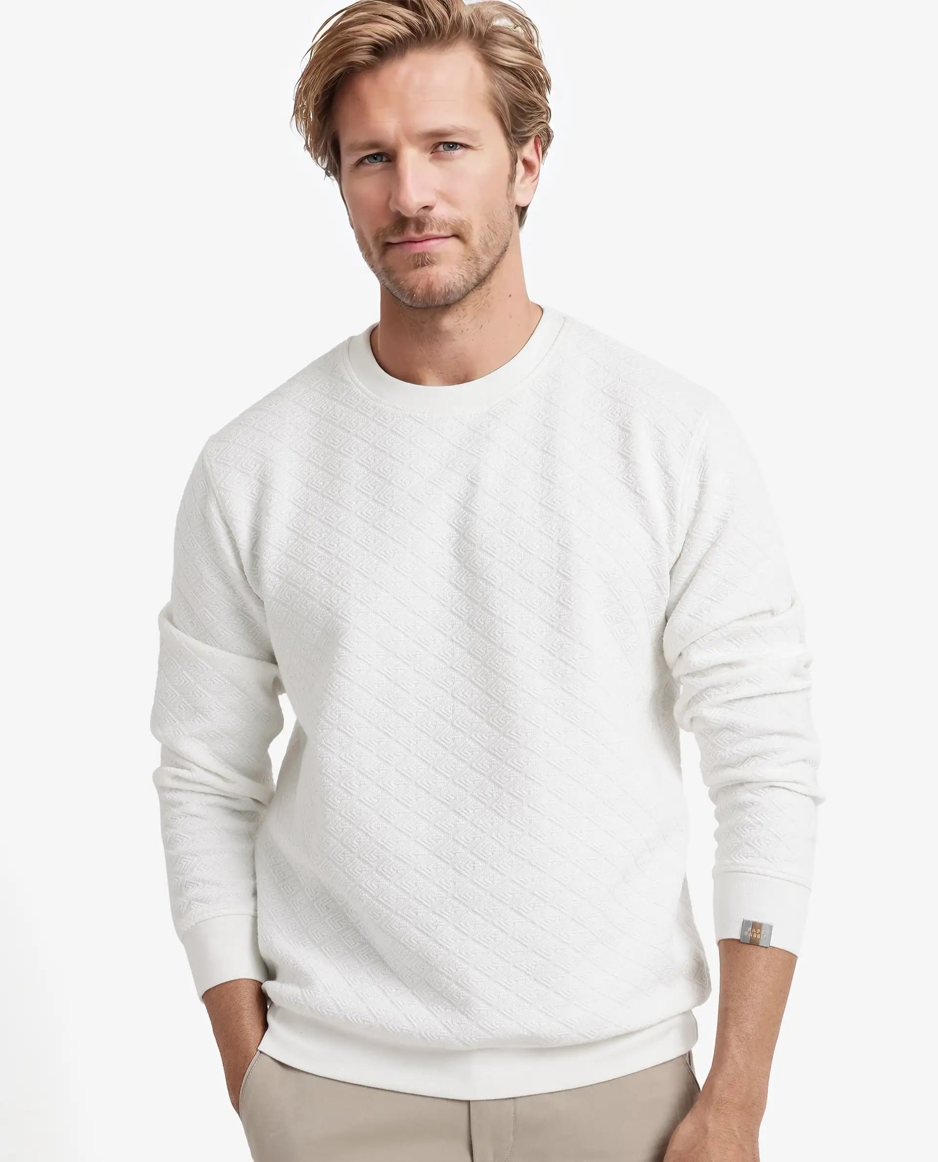 Rare Rabbit Men Sheild-2 Off White Cotton Polyester Lycra Fabric Full Sleeve Crew Neck Regular Fit Jacquard Quilted Textured Sweatshirt