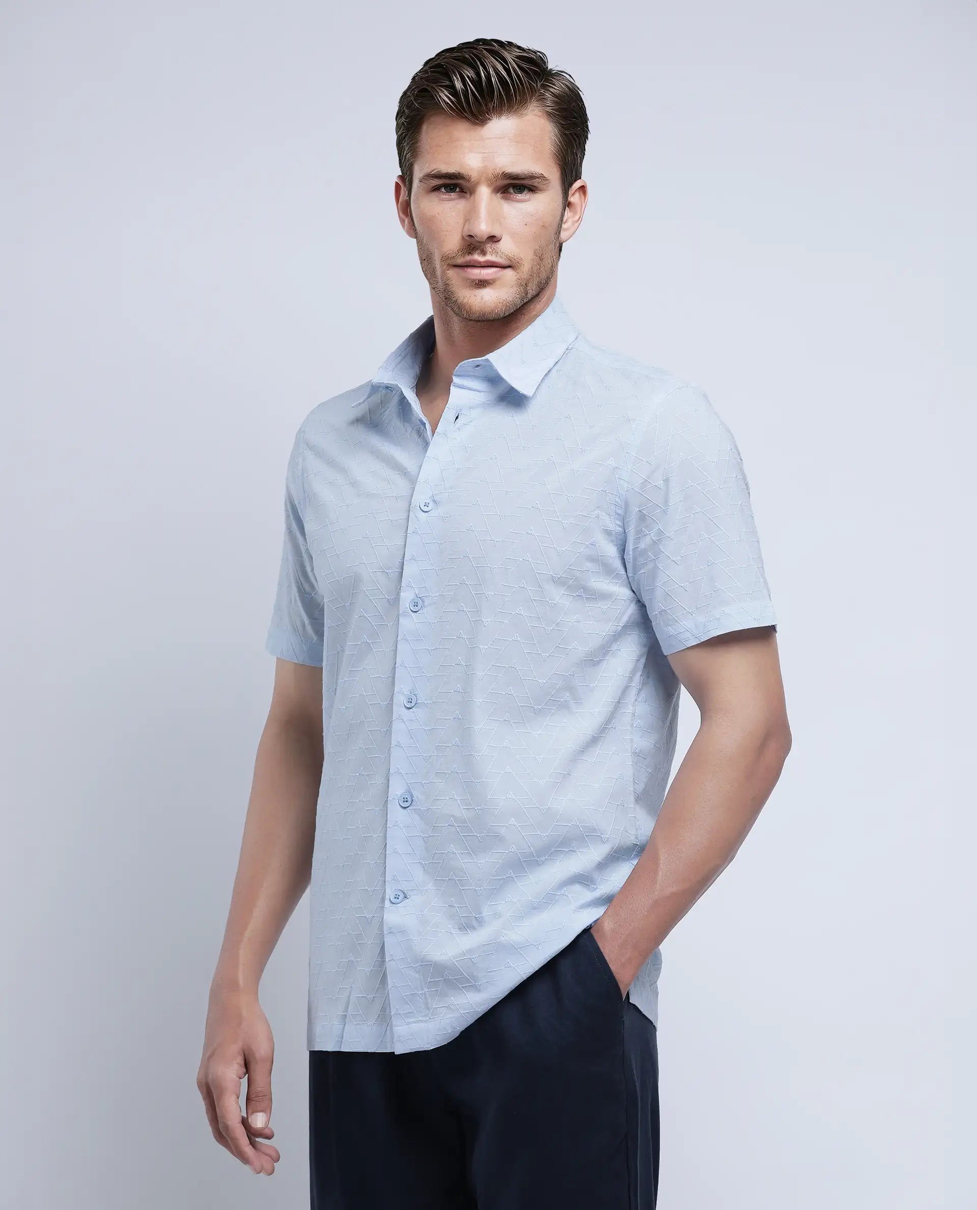 Rare Rabbit Men's Shek Blue Cotton Textured Regular Fit Half Sleeve Collared Shirt