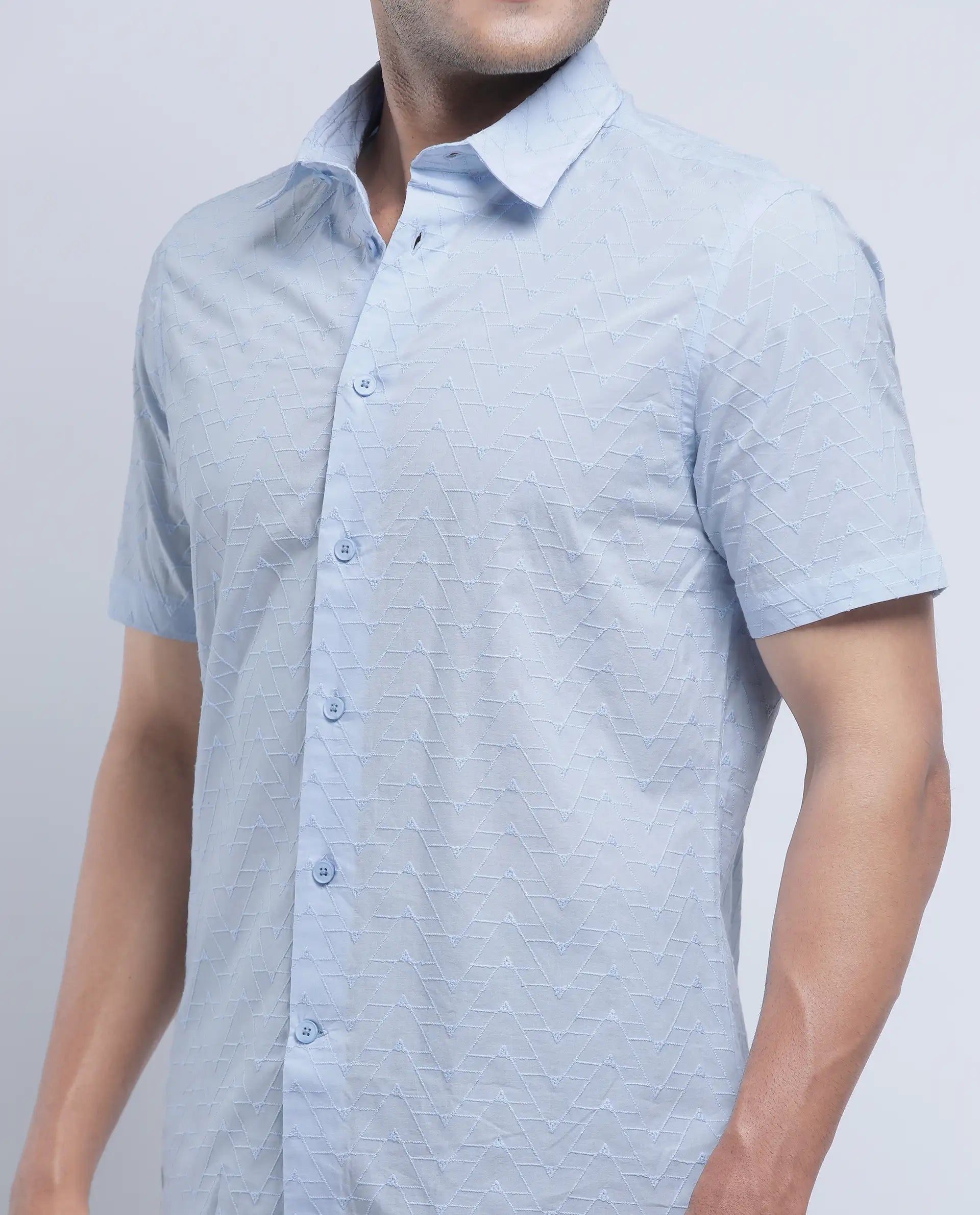 Rare Rabbit Men's Shek Blue Cotton Textured Regular Fit Half Sleeve Collared Shirt