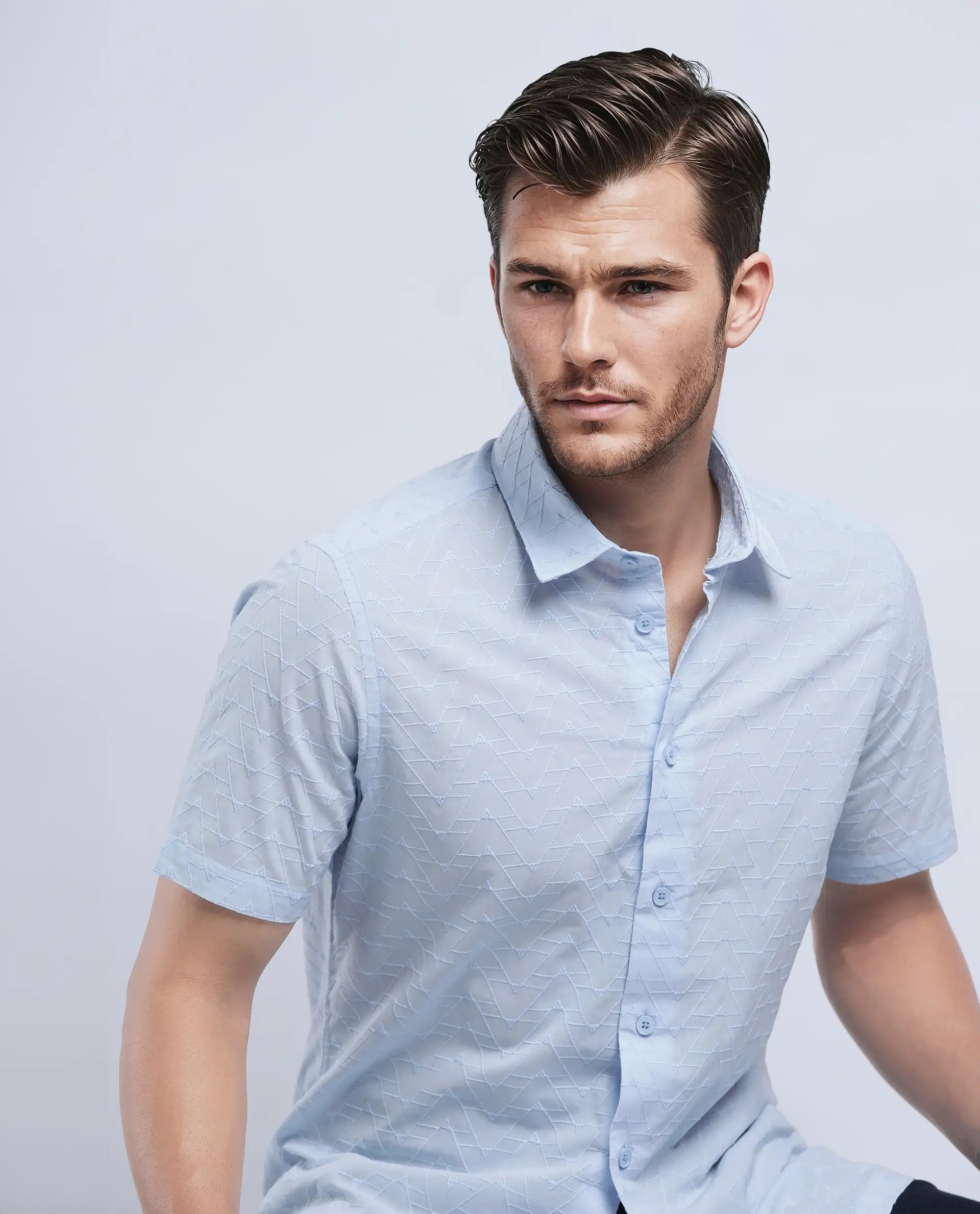 Rare Rabbit Men's Shek Blue Cotton Textured Regular Fit Half Sleeve Collared Shirt