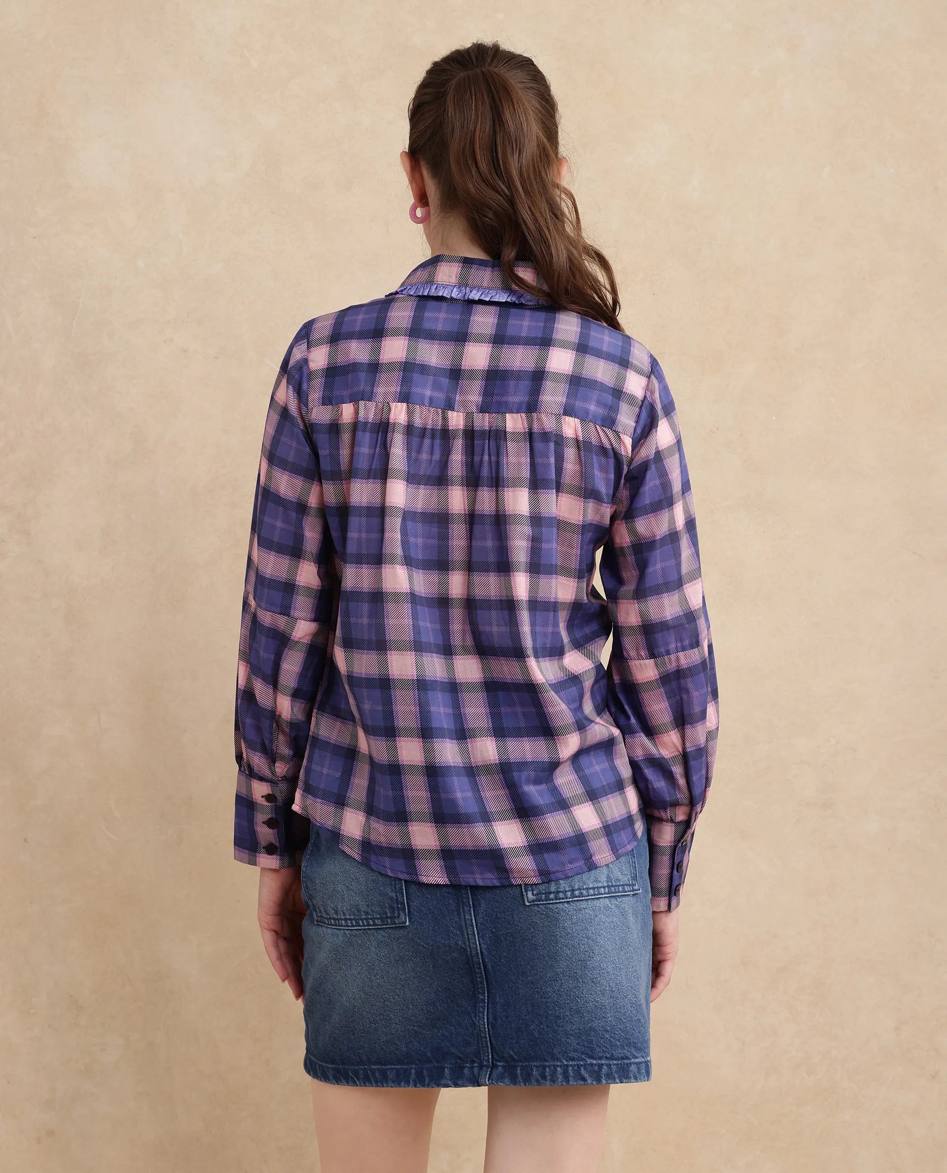 Rareism Women Shellbuto Purple Volume Sleeve Chelea Collar Relaxed Fit Flannel Print Top