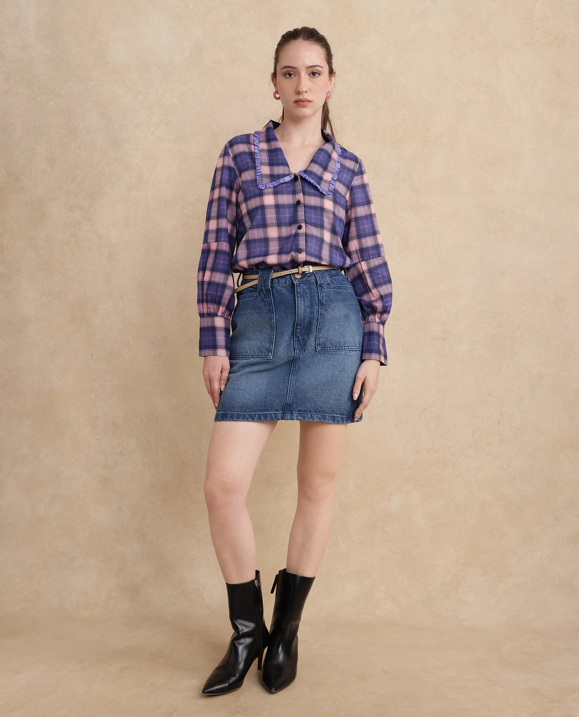 Rareism Women Shellbuto Purple Volume Sleeve Chelea Collar Relaxed Fit Flannel Print Top