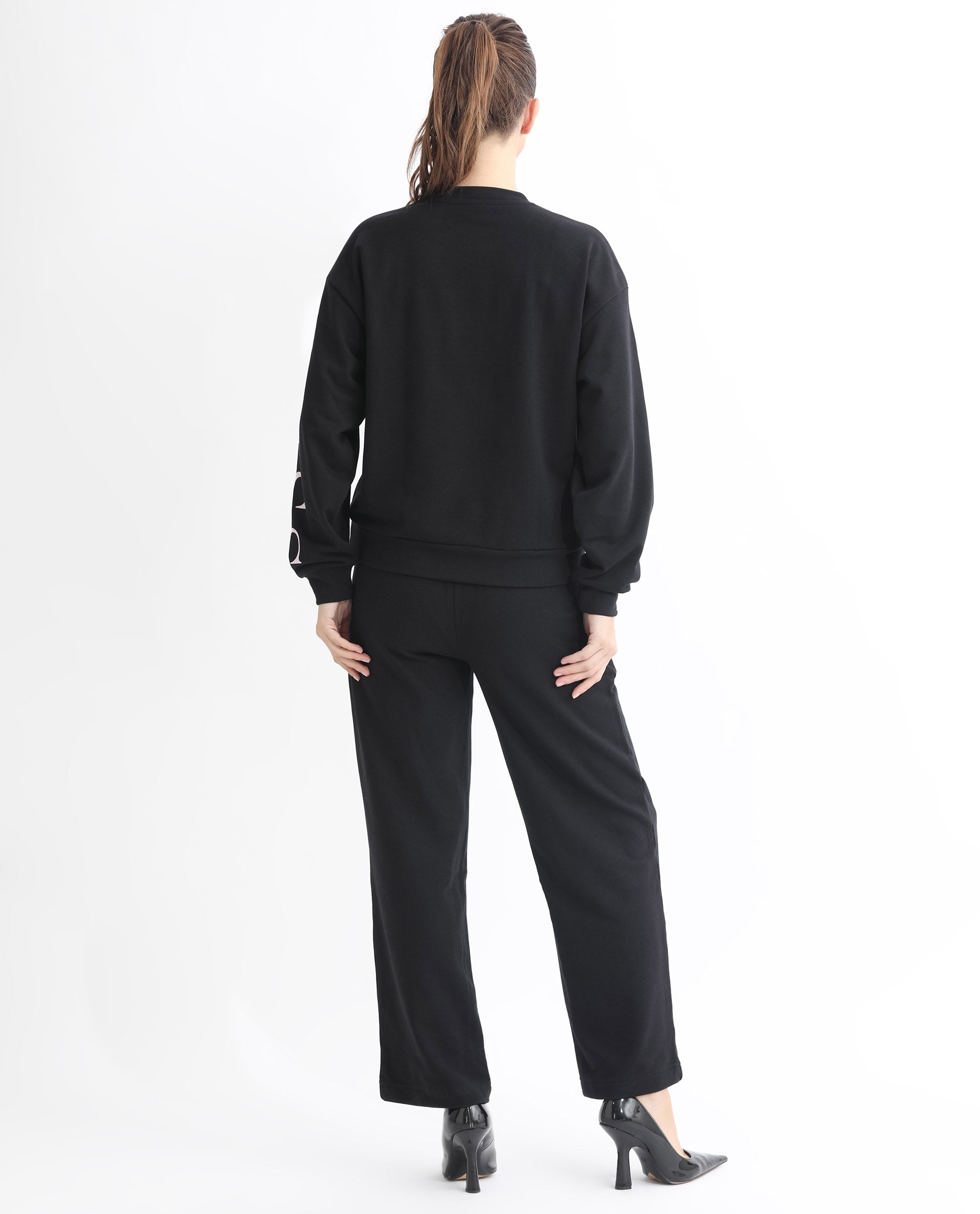 Rareism Women Shelly Black Poly Cotton Fabric Relaxed Fit Full Sleeves Solid Round Neck Sweatshirt