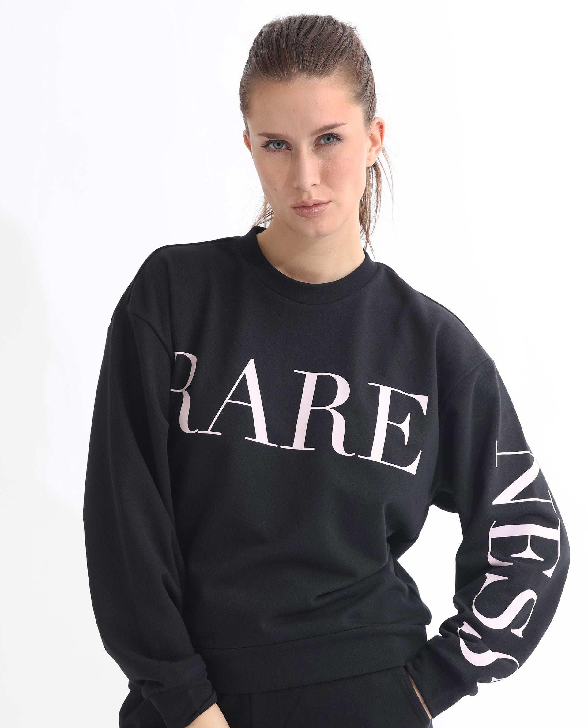 Rareism Women Shelly Black Poly Cotton Fabric Relaxed Fit Full Sleeves Solid Round Neck Sweatshirt