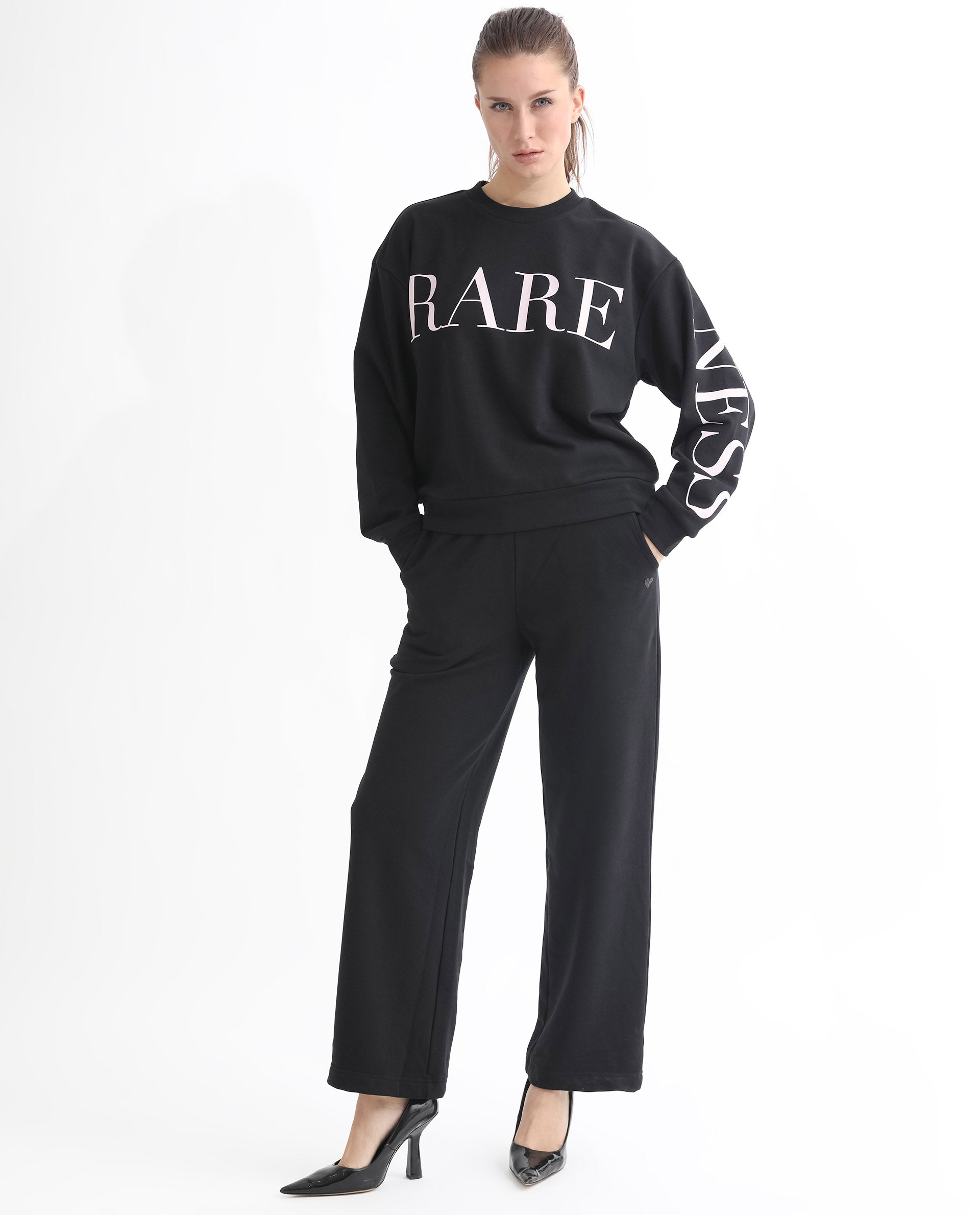 Rareism Women Shelly Black Poly Cotton Fabric Relaxed Fit Full Sleeves Solid Round Neck Sweatshirt