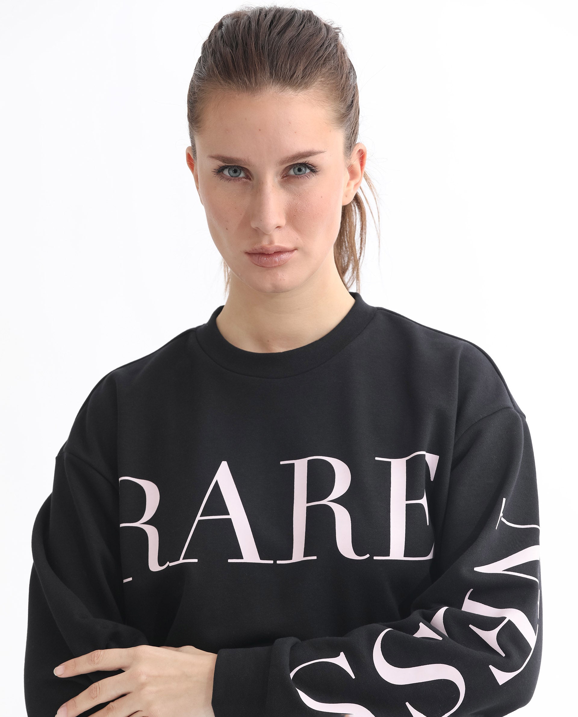 Rareism Women Shelly Black Poly Cotton Fabric Relaxed Fit Full Sleeves Solid Round Neck Sweatshirt