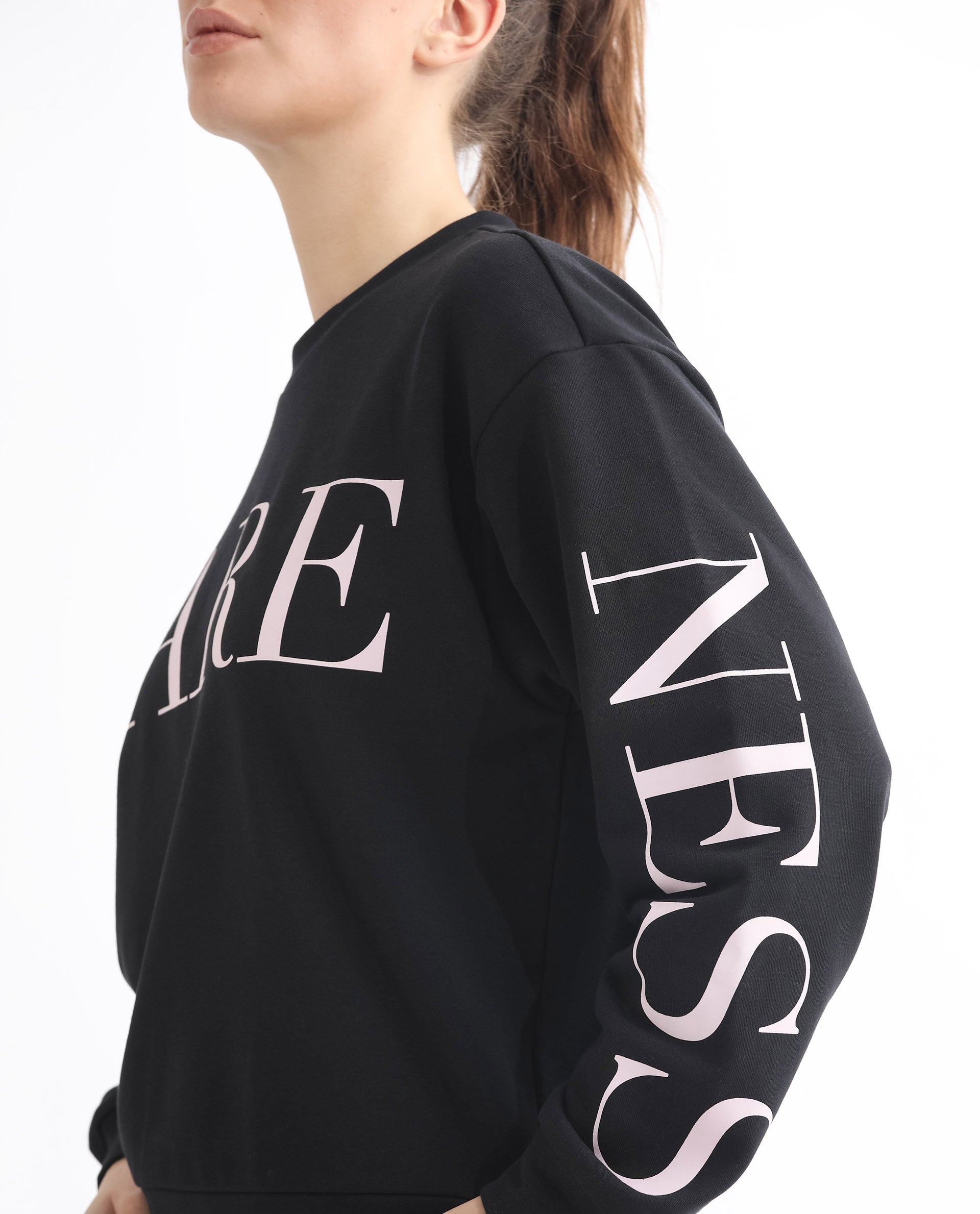 Rareism Women Shelly Black Poly Cotton Fabric Relaxed Fit Full Sleeves Solid Round Neck Sweatshirt