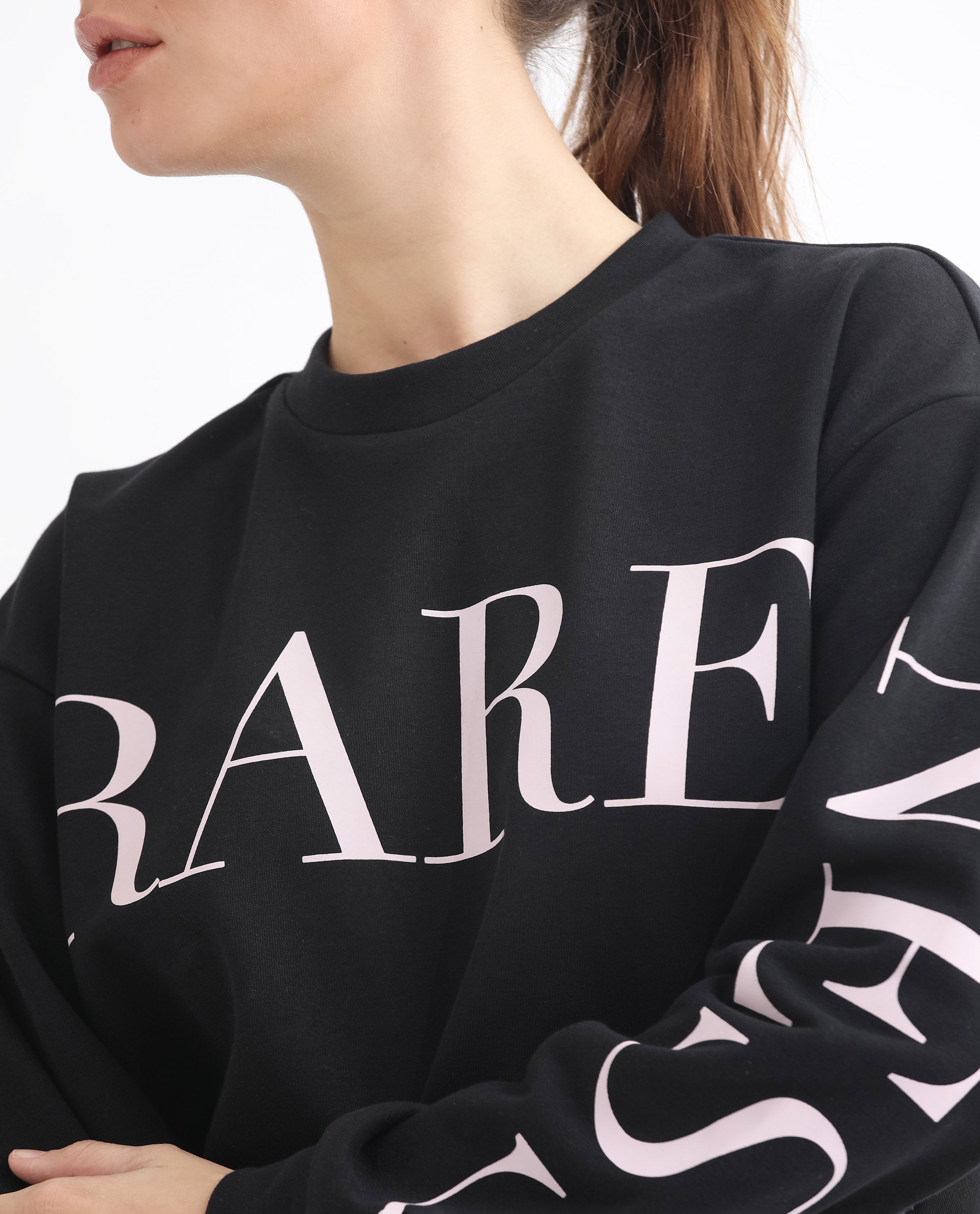Rareism Women Shelly Black Poly Cotton Fabric Relaxed Fit Full Sleeves Solid Round Neck Sweatshirt