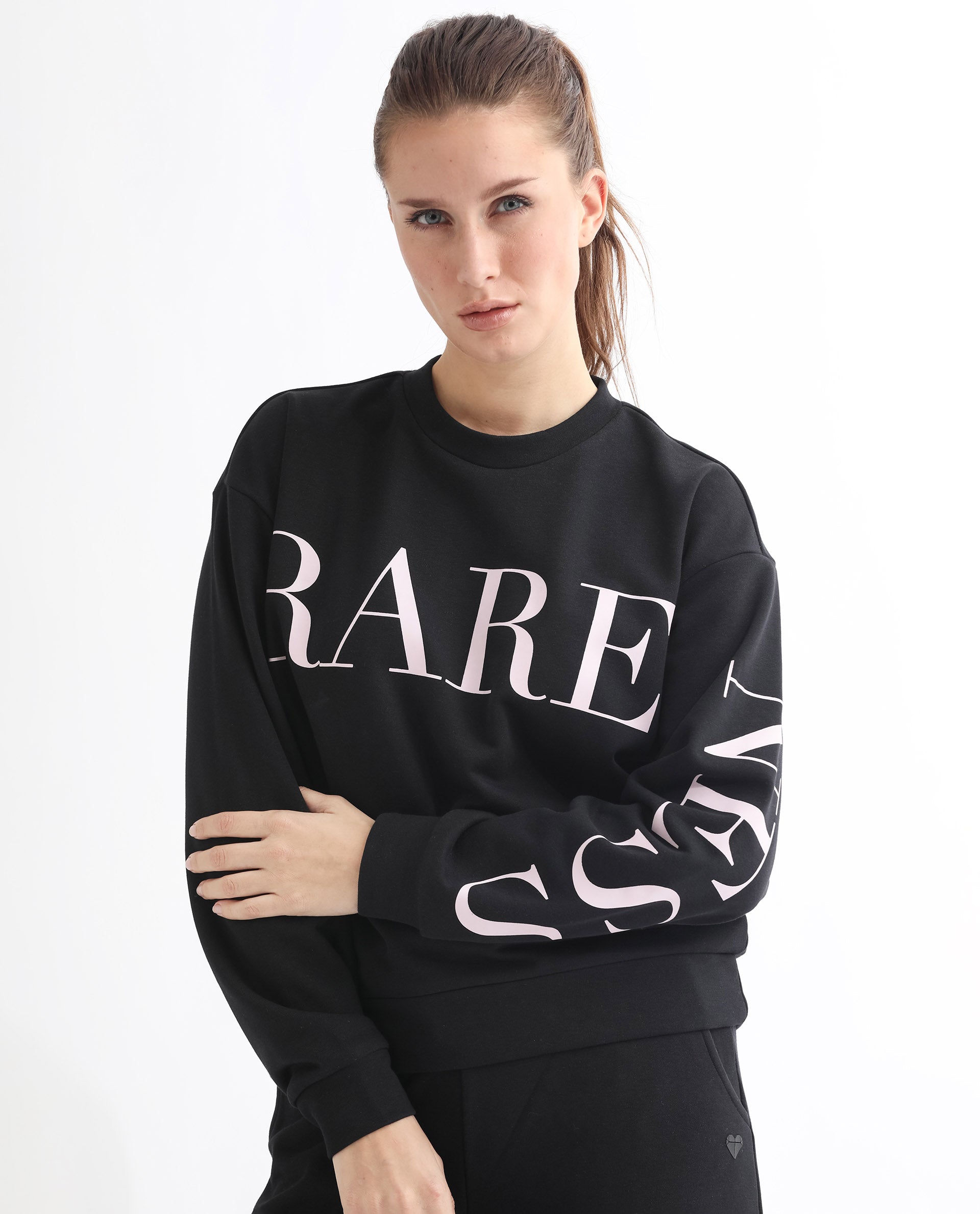 Rareism Women Shelly Black Poly Cotton Fabric Relaxed Fit Full Sleeves Solid Round Neck Sweatshirt