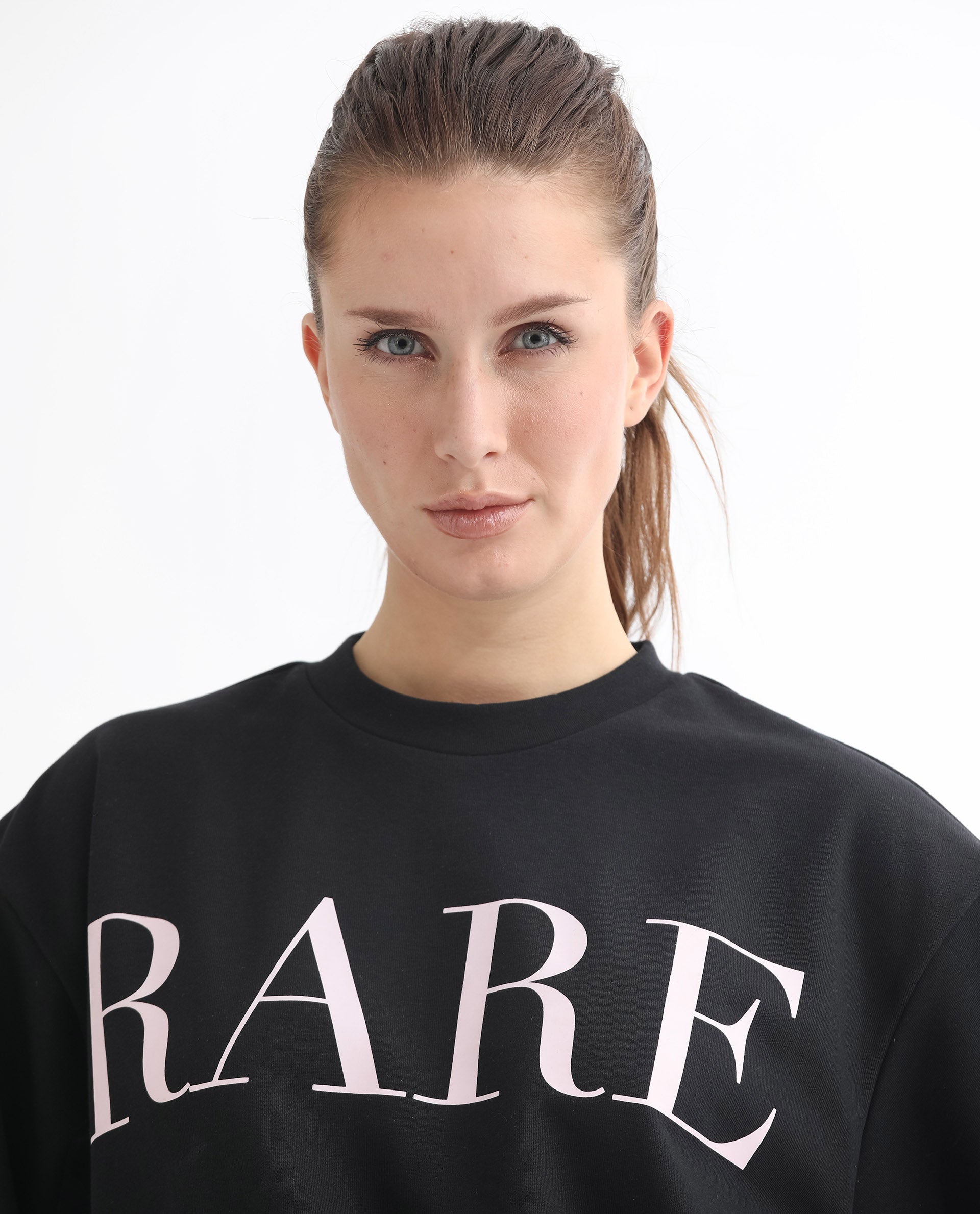 Rareism Women Shelly Black Poly Cotton Fabric Relaxed Fit Full Sleeves Solid Round Neck Sweatshirt