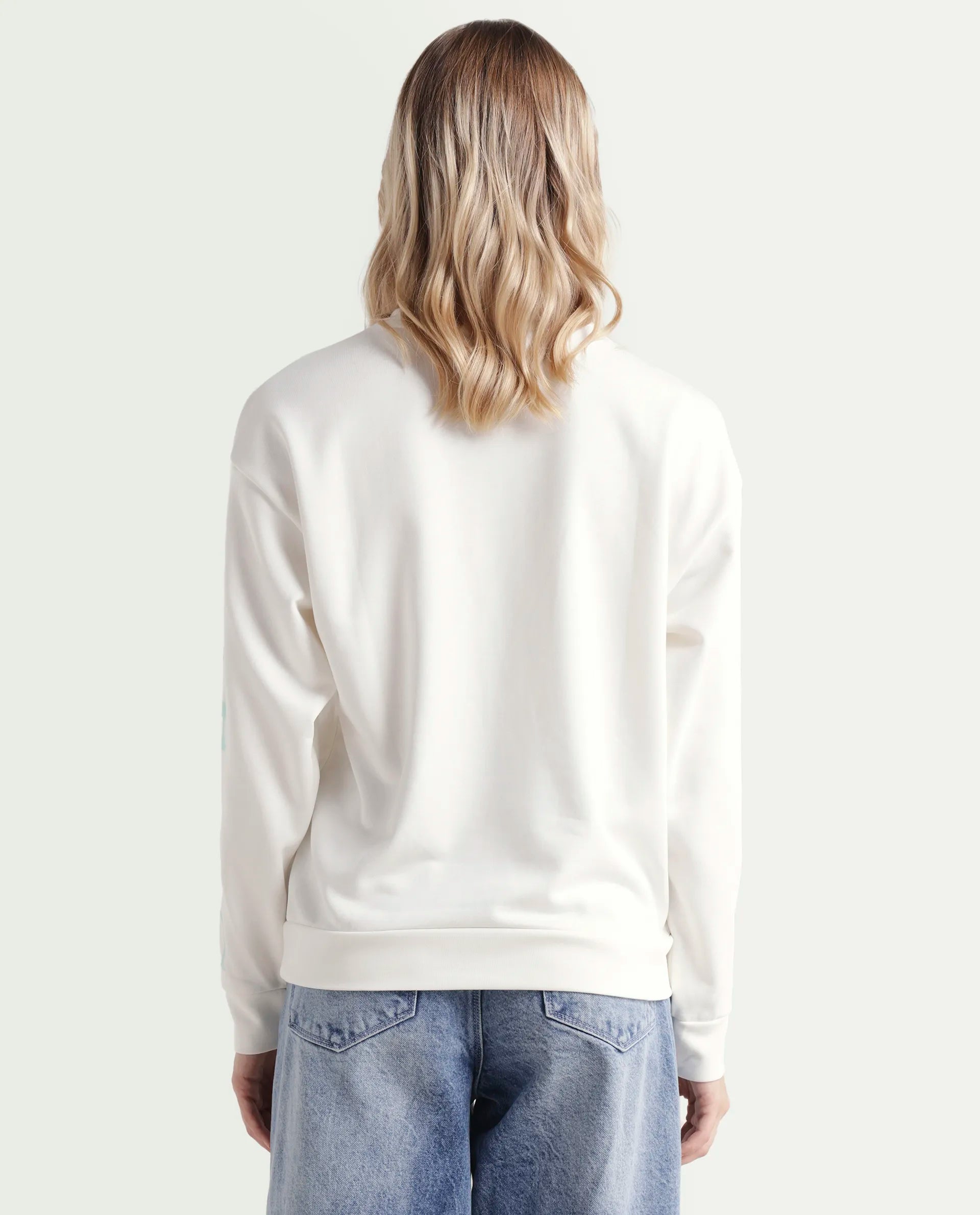 Rareism Women's Shelly Off White Polyester Blend Crew Neck Graphic Print Cuffed Sleeve Relaxed Fit Sweatshirt