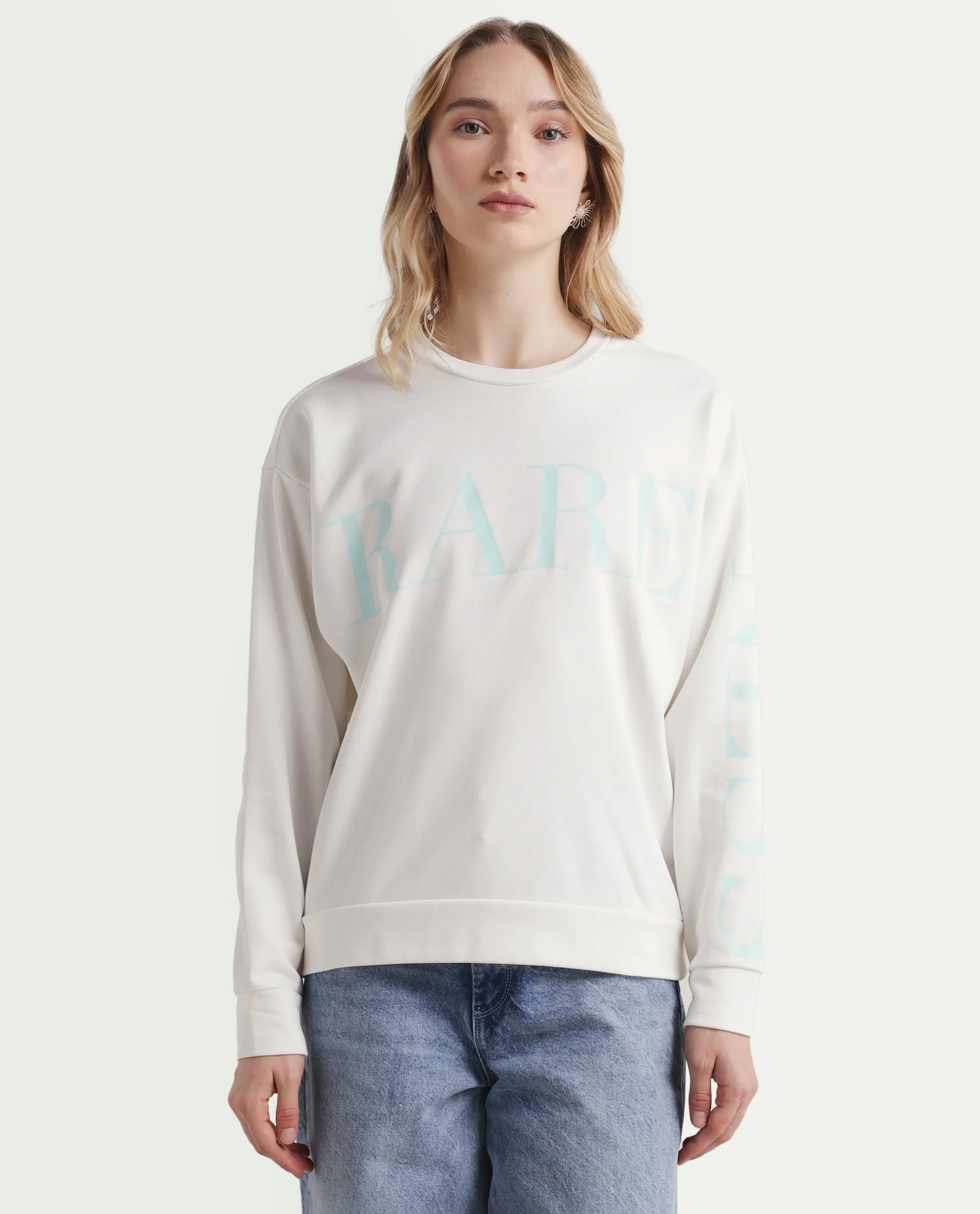 Rareism Women's Shelly Off White Polyester Blend Crew Neck Graphic Print Cuffed Sleeve Relaxed Fit Sweatshirt