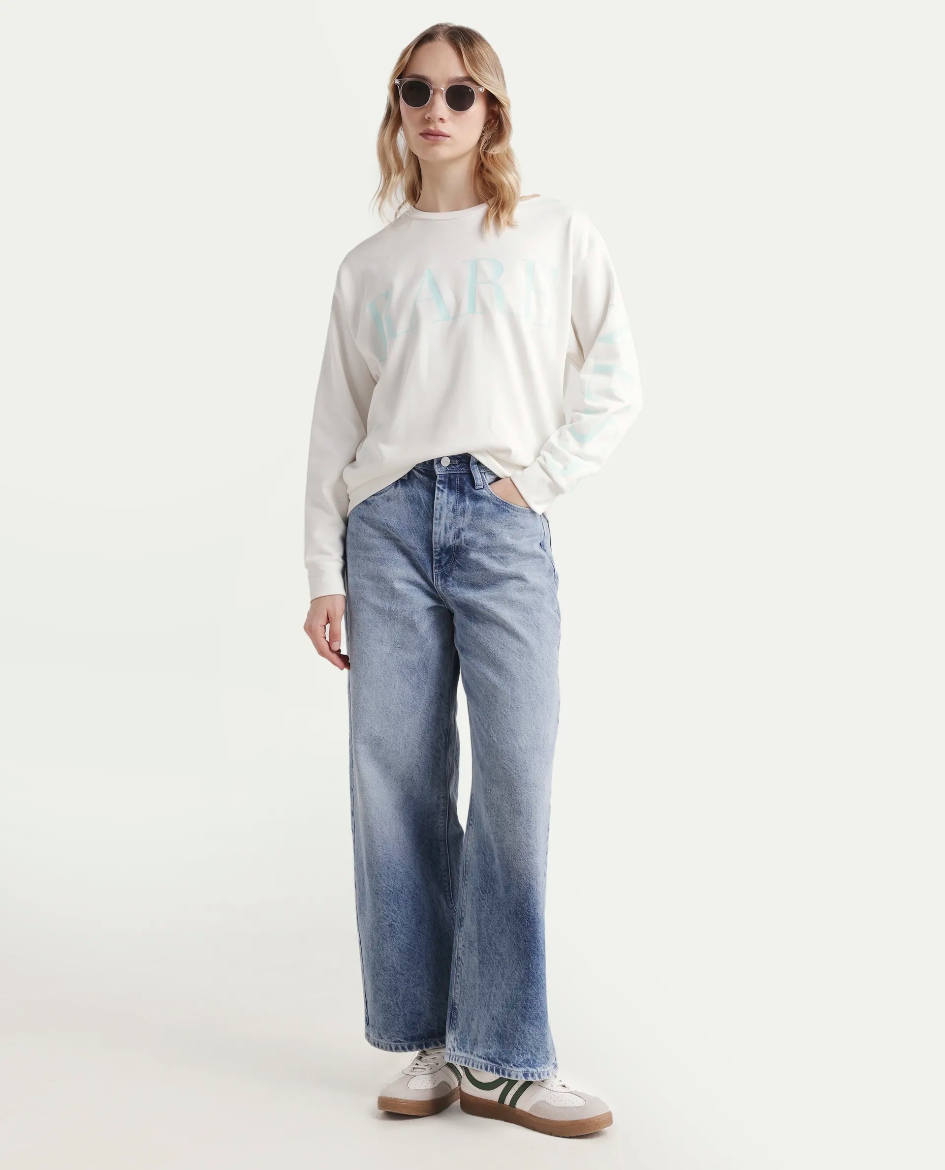 Rareism Women's Shelly Off White Polyester Blend Crew Neck Graphic Print Cuffed Sleeve Relaxed Fit Sweatshirt