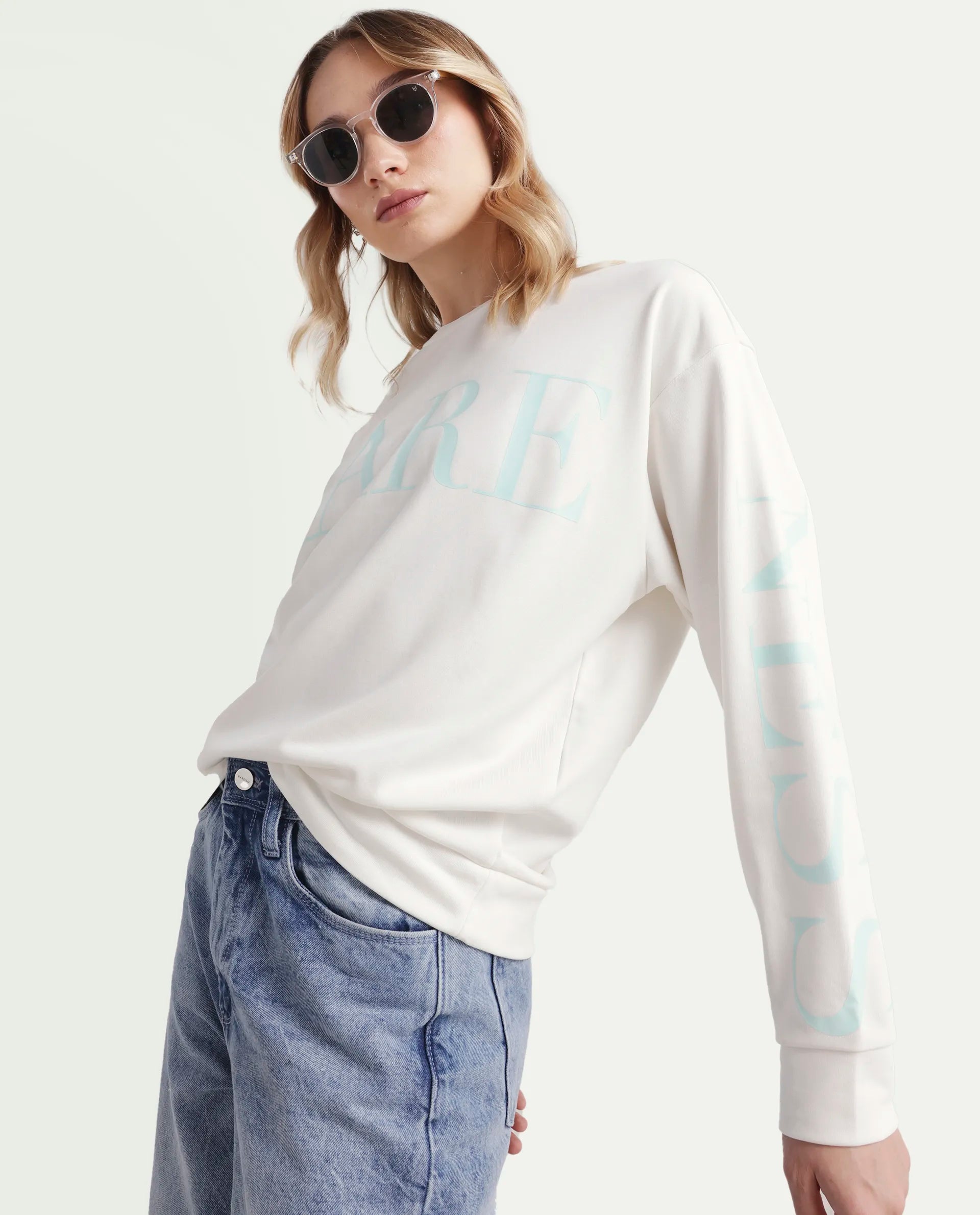 Rareism Women's Shelly Off White Polyester Blend Crew Neck Graphic Print Cuffed Sleeve Relaxed Fit Sweatshirt