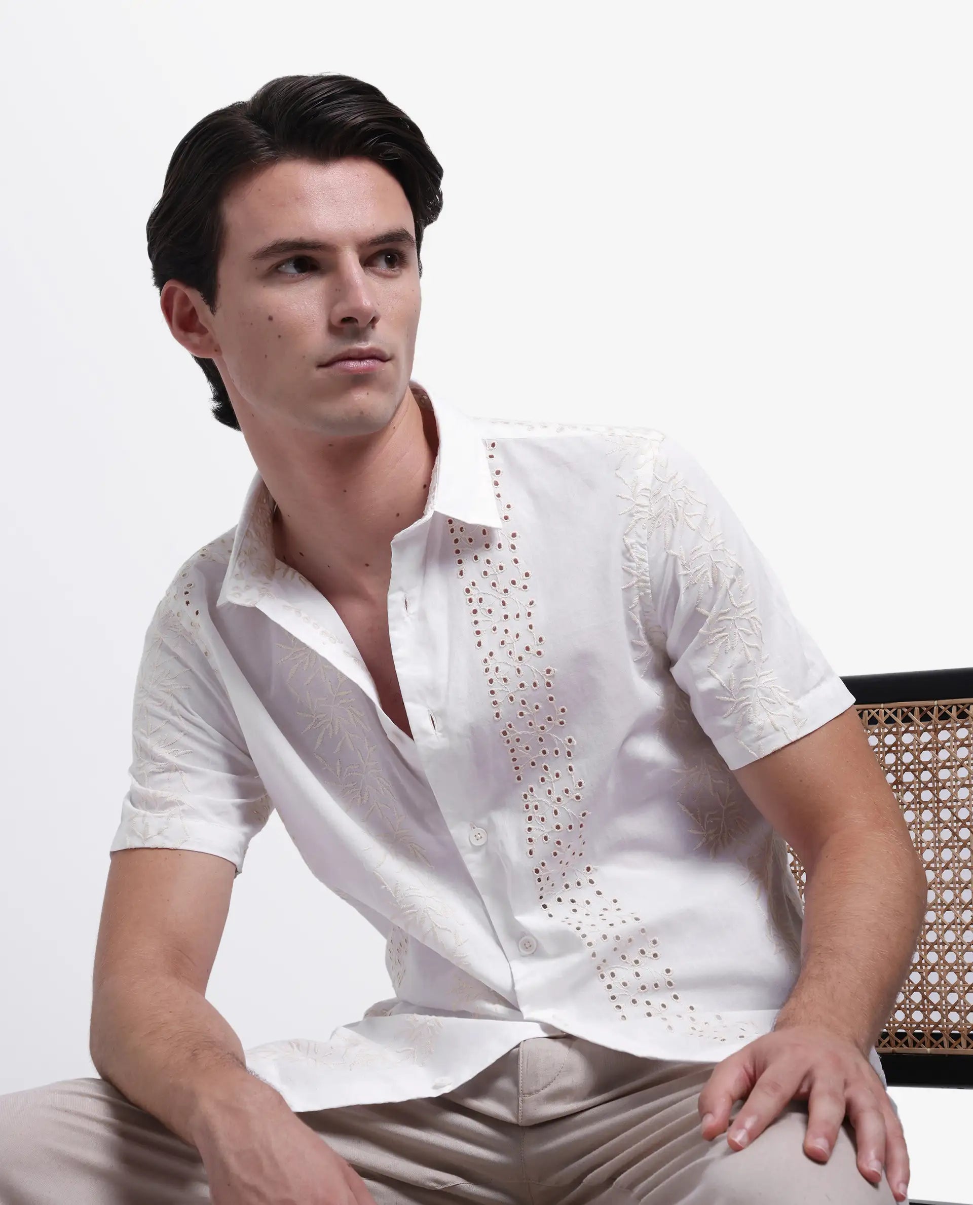 Rare Rabbit Men's Shel White Cotton Embroidered Regular Fit Half Sleeve Collared Shirt