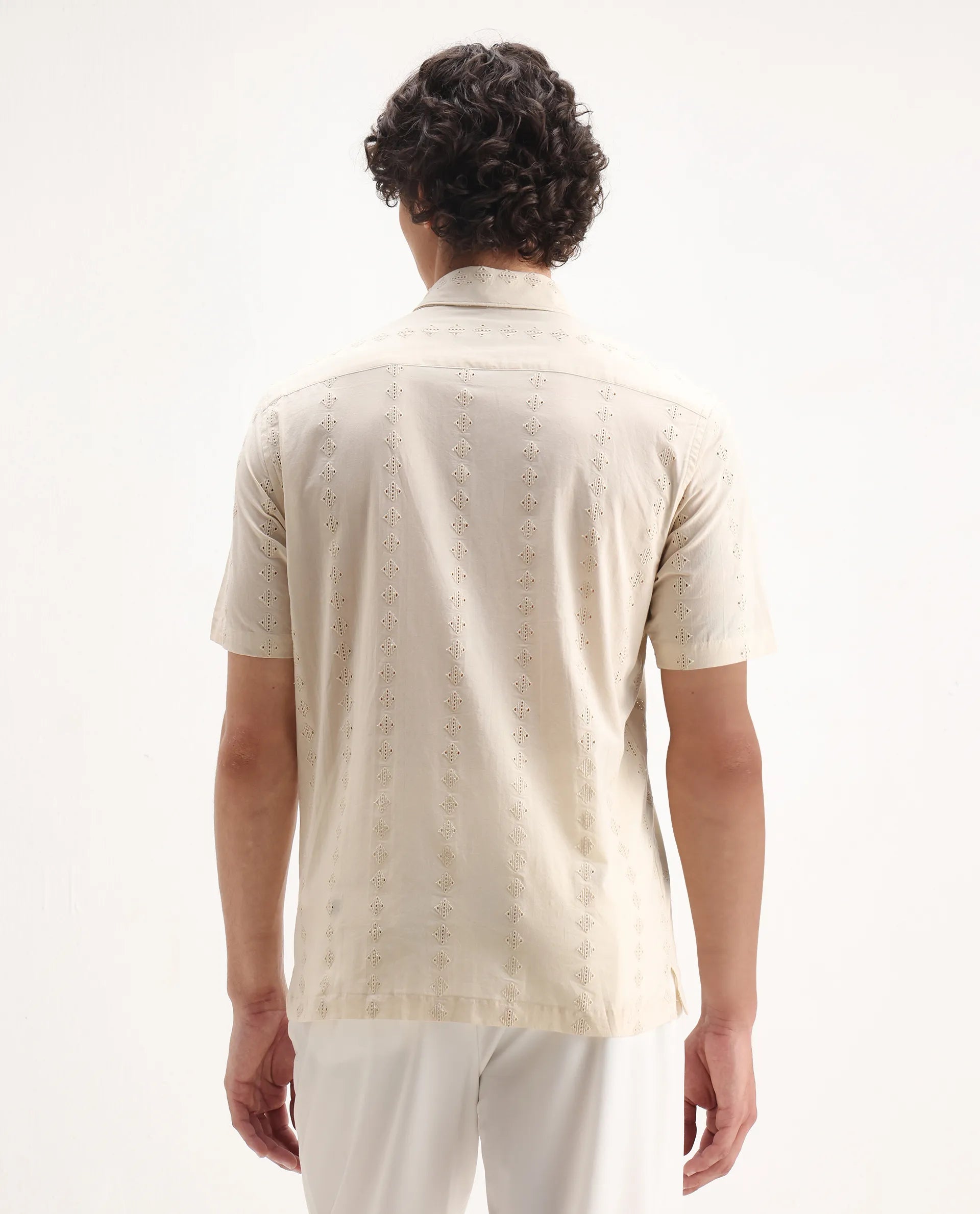 Rare Rabbit Men's Shen Beige Cotton Embroidered Regular Fit Half Sleeve Collared Shirt