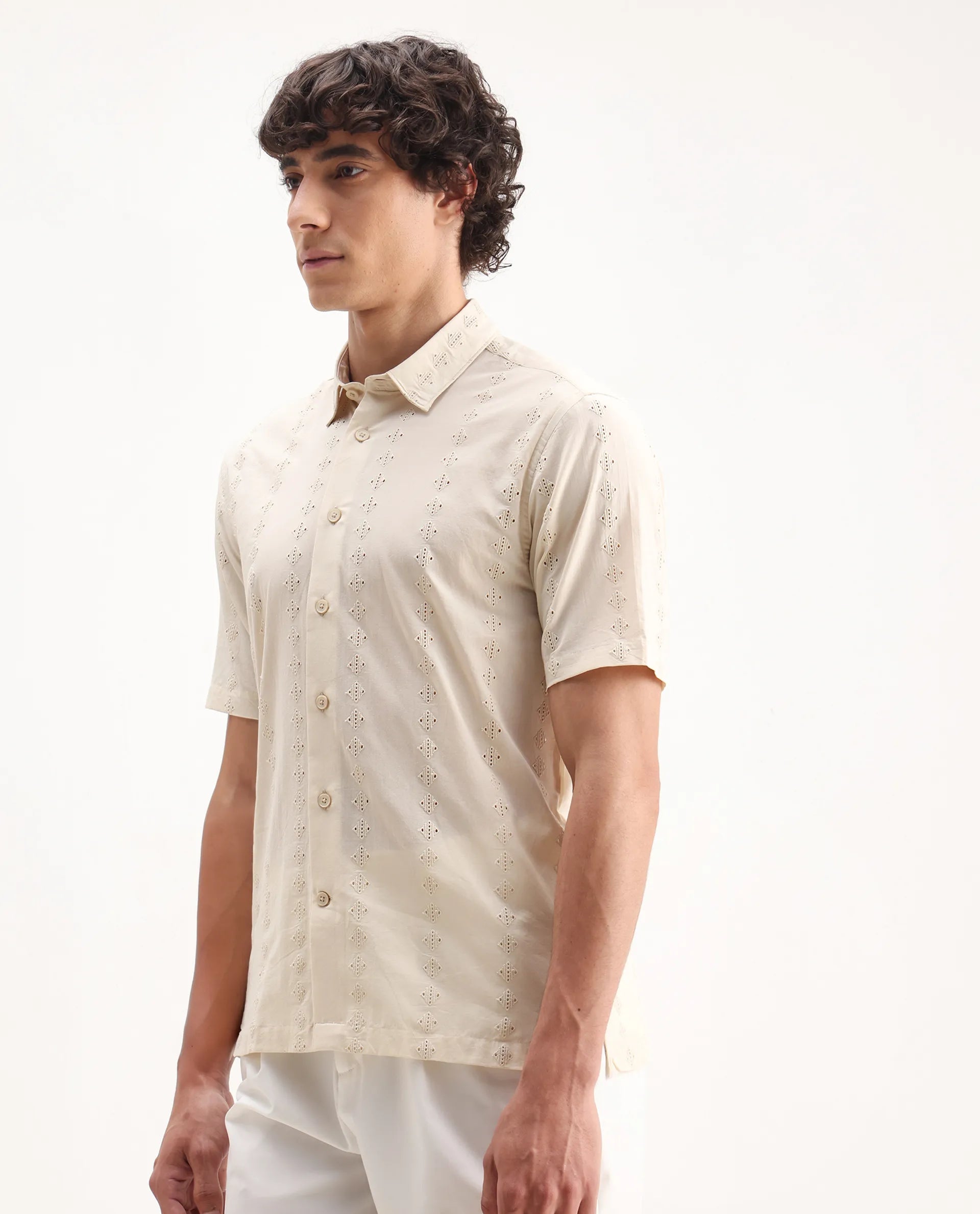 Rare Rabbit Men's Shen Beige Cotton Embroidered Regular Fit Half Sleeve Collared Shirt