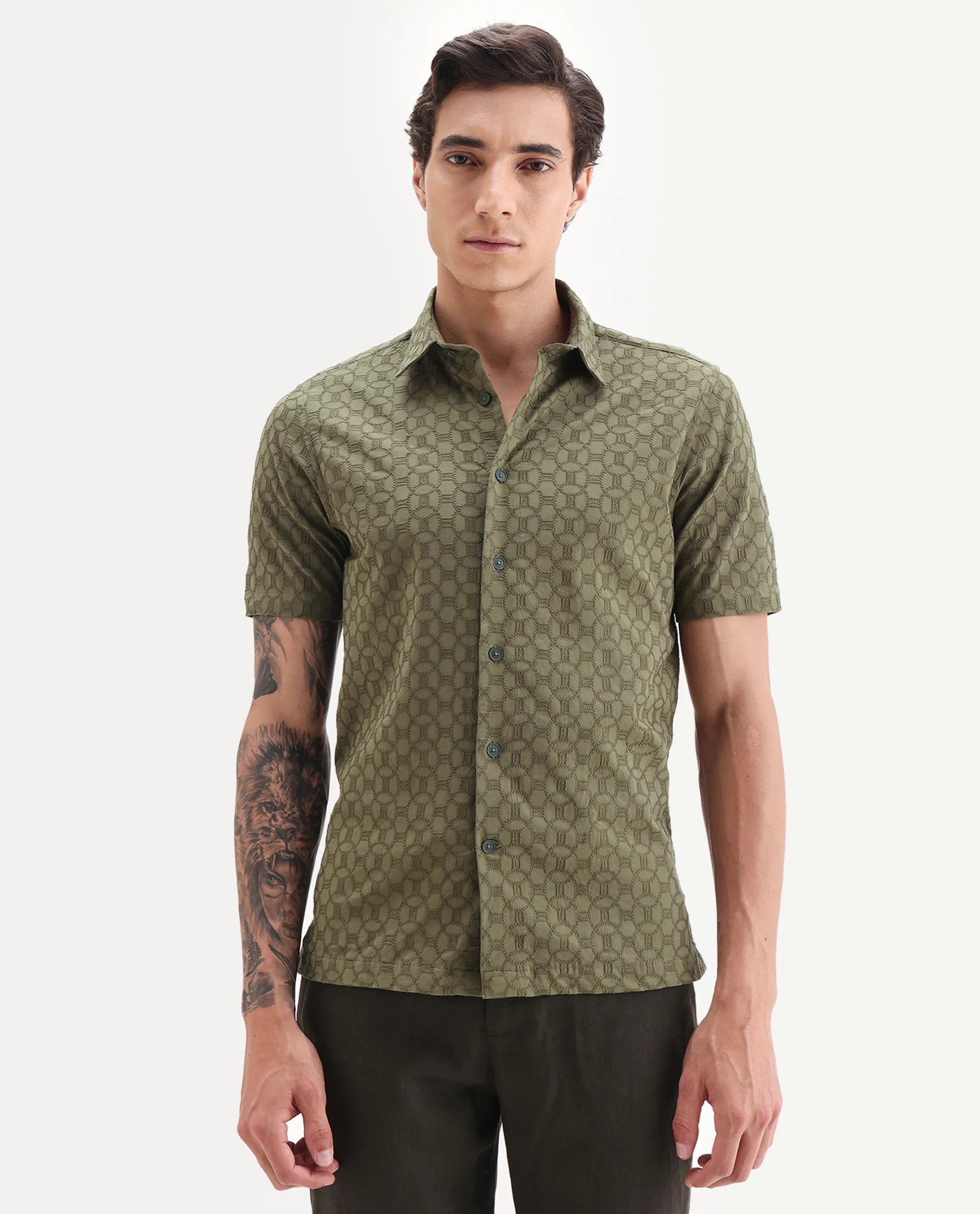 Rare Rabbit Men's Shef Olive Cotton Embroidered Regular Fit Half Sleeve Collared Shirt