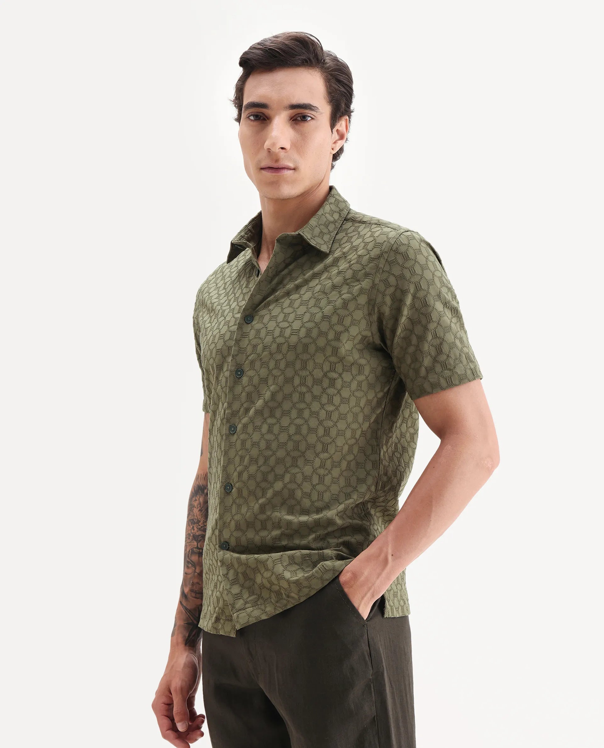 Rare Rabbit Men's Shef Olive Cotton Embroidered Regular Fit Half Sleeve Collared Shirt