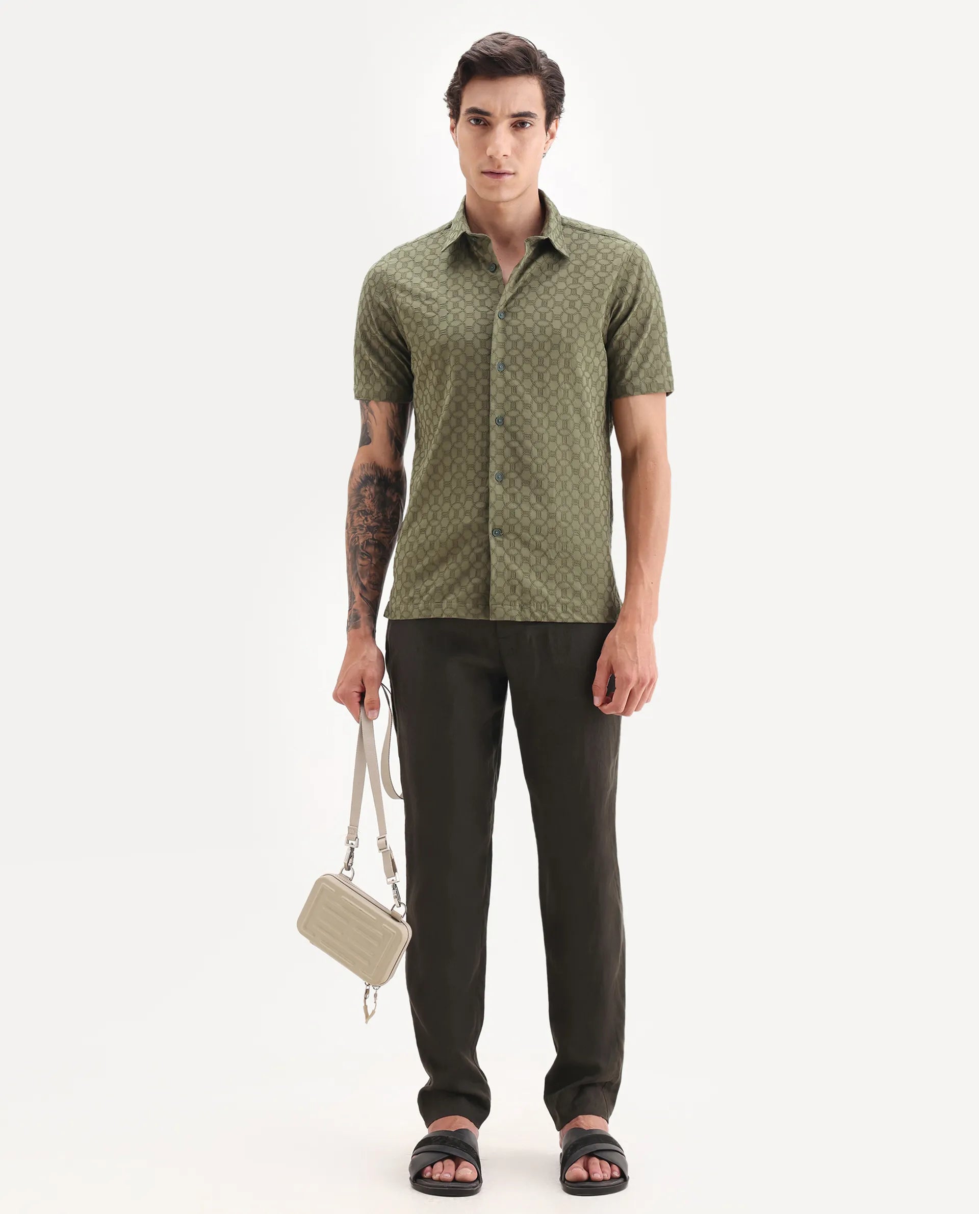 Rare Rabbit Men's Shef Olive Cotton Embroidered Regular Fit Half Sleeve Collared Shirt