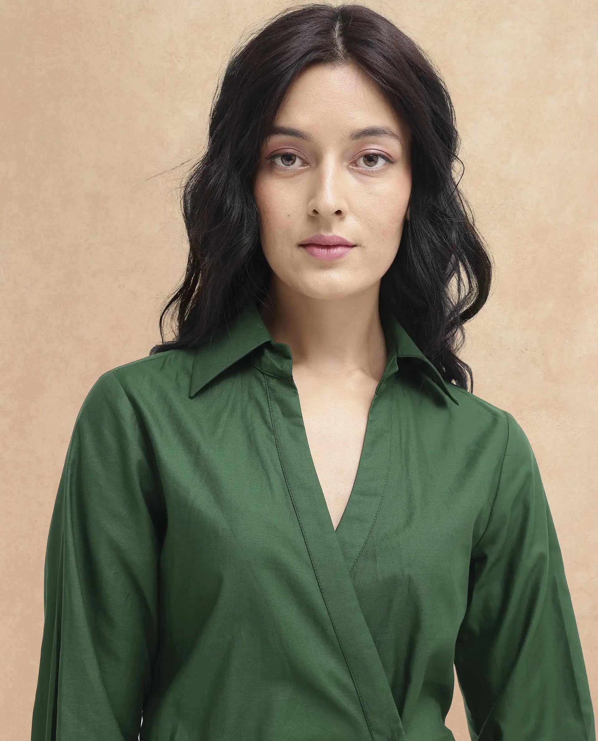 Rareism Women's Shikamaru Dark Green Cotton Blend Johnny Collar Plain Cuffed Sleeve Midi Relaxed Fit Dress