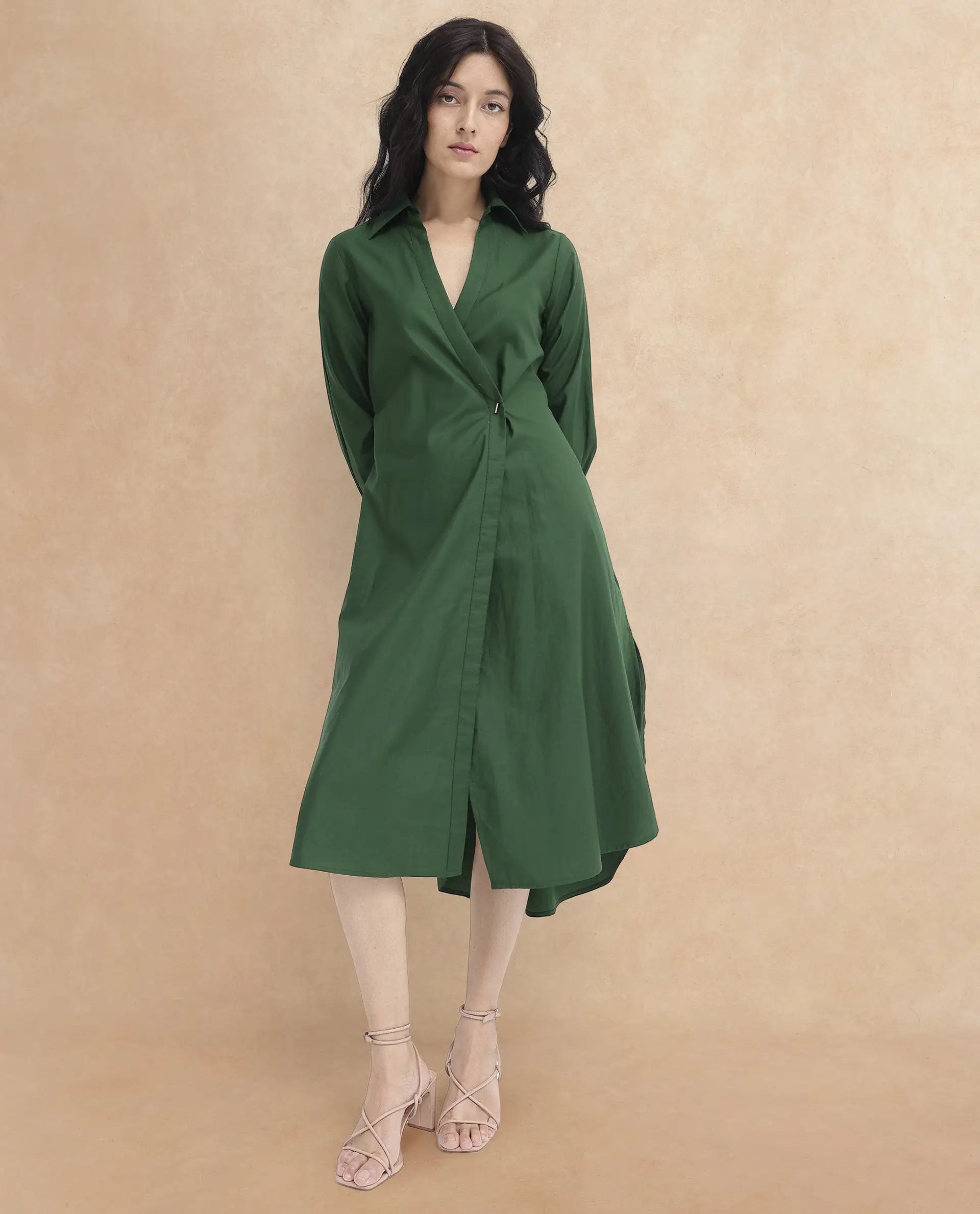 Rareism Women's Shikamaru Dark Green Cotton Blend Johnny Collar Plain Cuffed Sleeve Midi Relaxed Fit Dress