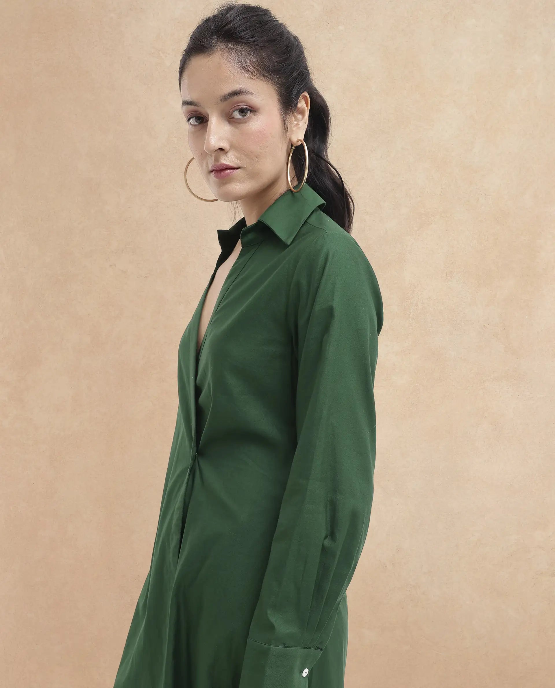 Rareism Women's Shikamaru Dark Green Cotton Blend Johnny Collar Plain Cuffed Sleeve Midi Relaxed Fit Dress