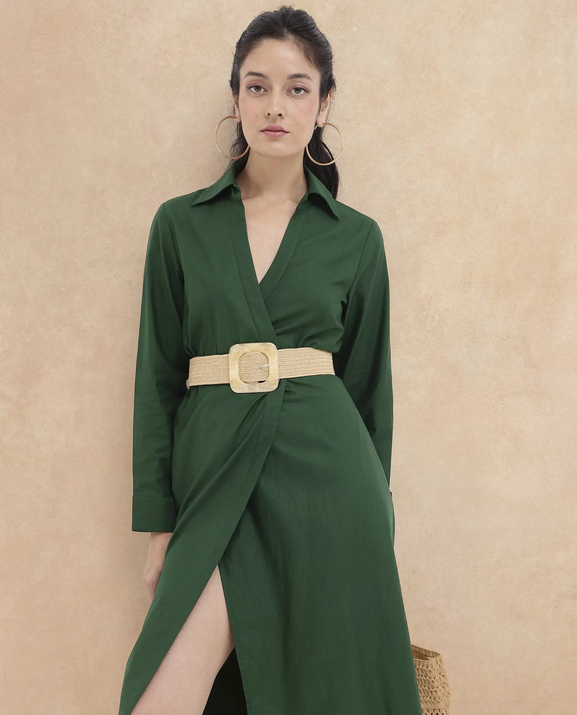 Rareism Women's Shikamaru Dark Green Cotton Blend Johnny Collar Plain Cuffed Sleeve Midi Relaxed Fit Dress