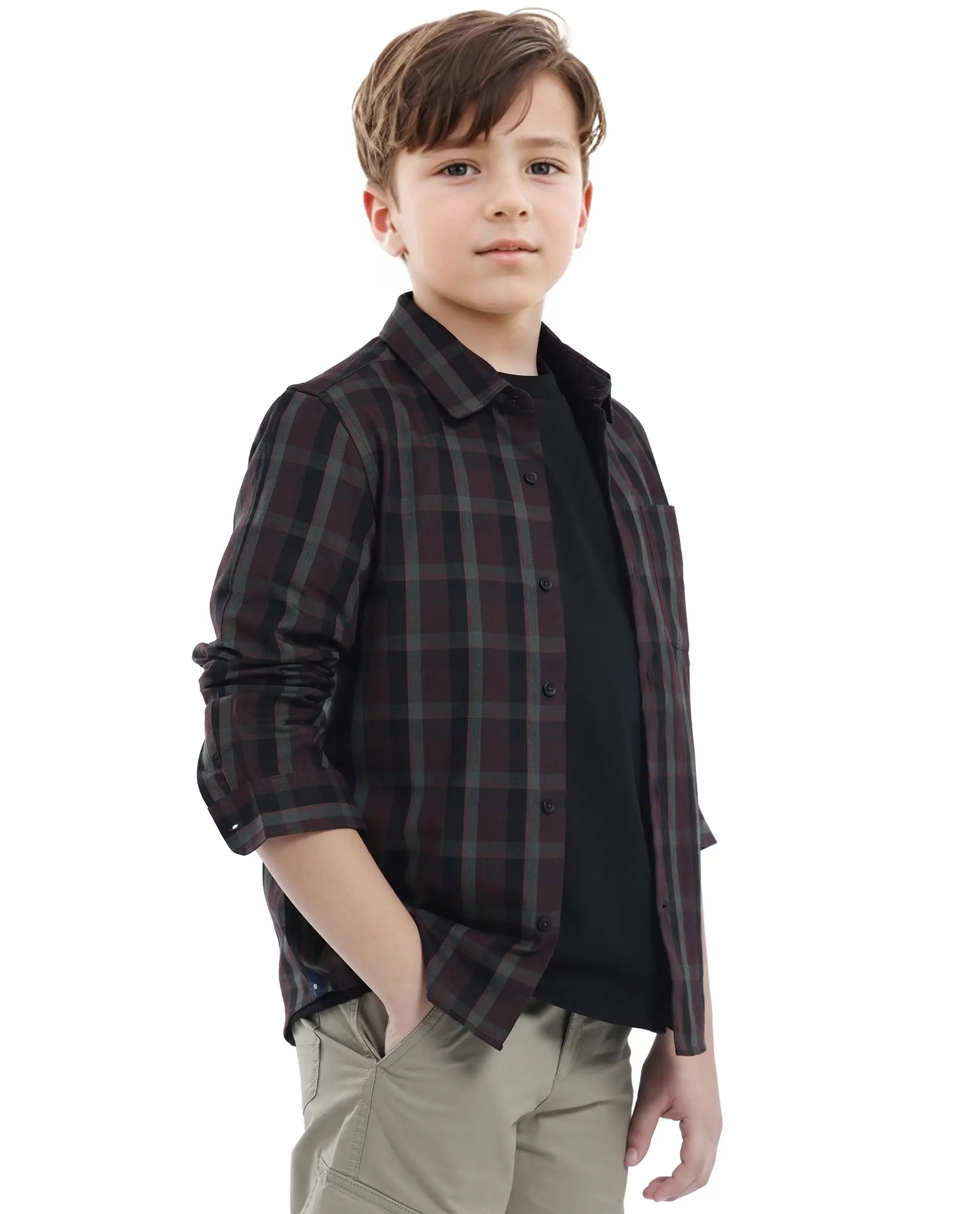 Rare Ones Kids Shilo Brown Cotton Full Sleeve Button Checked Regular Fit Shirt