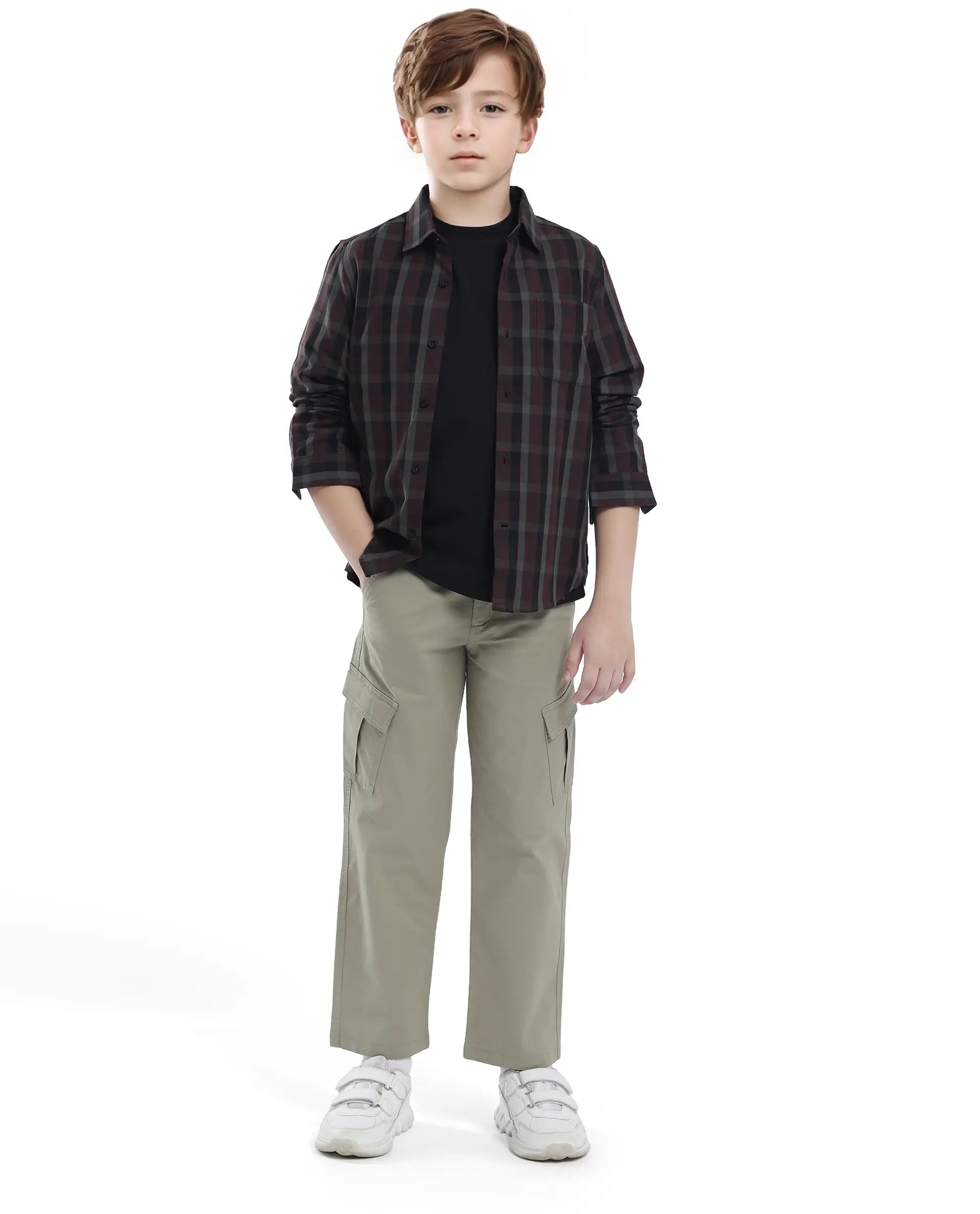 Rare Ones Kids Shilo Brown Cotton Full Sleeve Button Checked Regular Fit Shirt