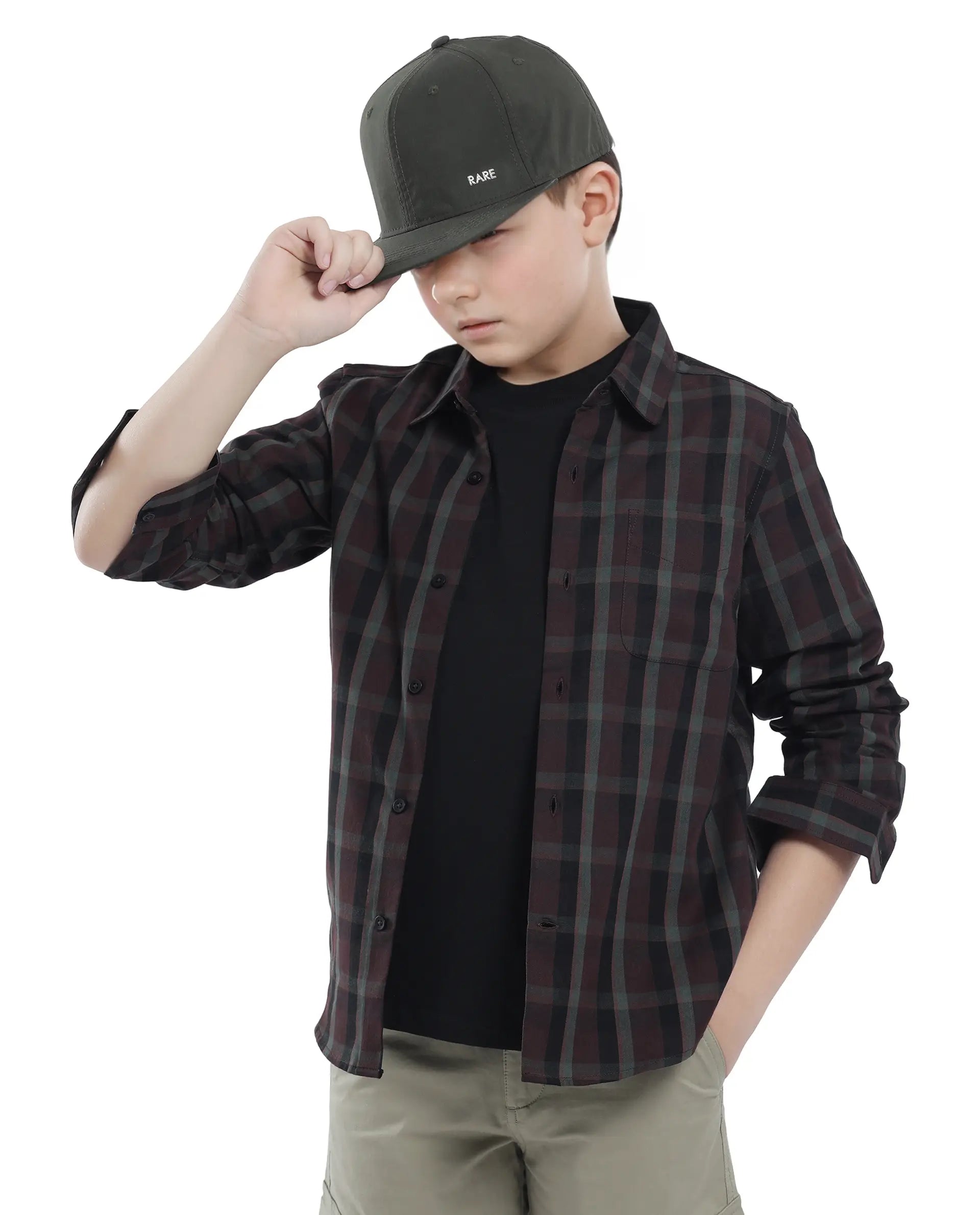 Rare Ones Kids Shilo Brown Cotton Full Sleeve Button Checked Regular Fit Shirt