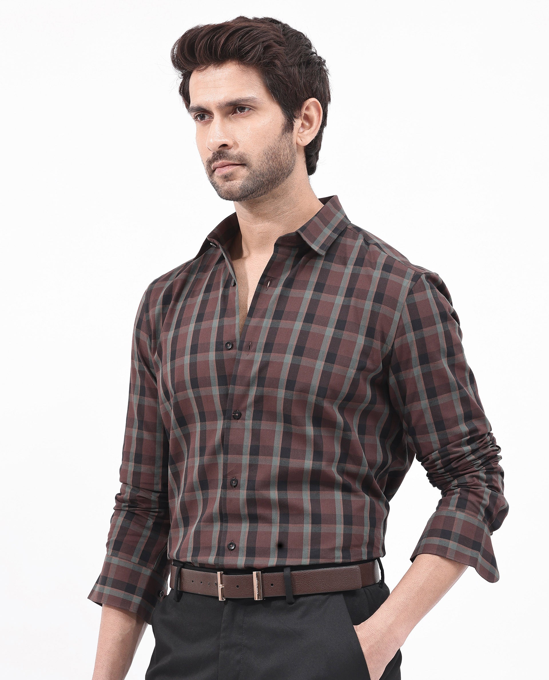 Rare Rabbit Men's Shiloh Brown Cotton Fabric Full Sleeve Regular Fit Checks Shirt